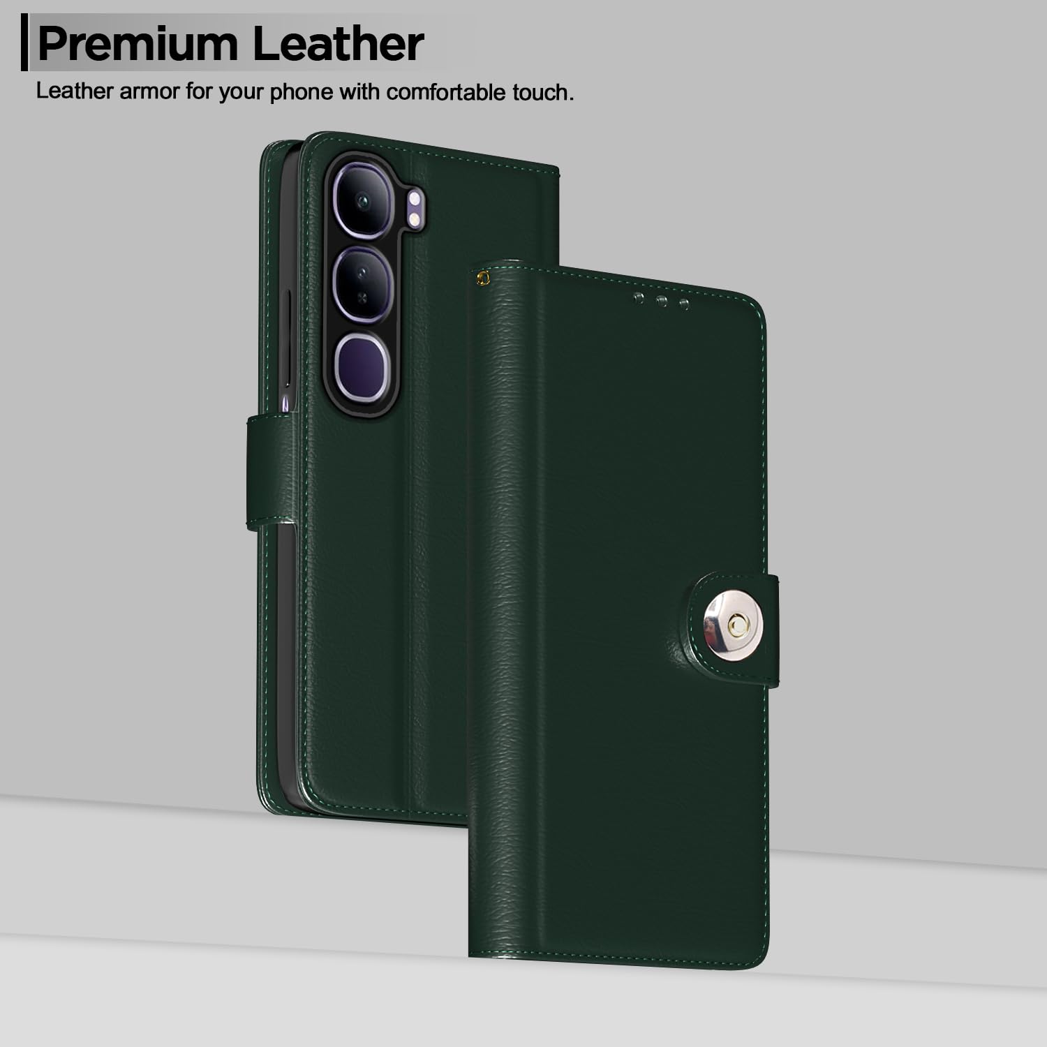 Vivo Y300 5G Button wallet flip cover in green by Pikkme – photo 2