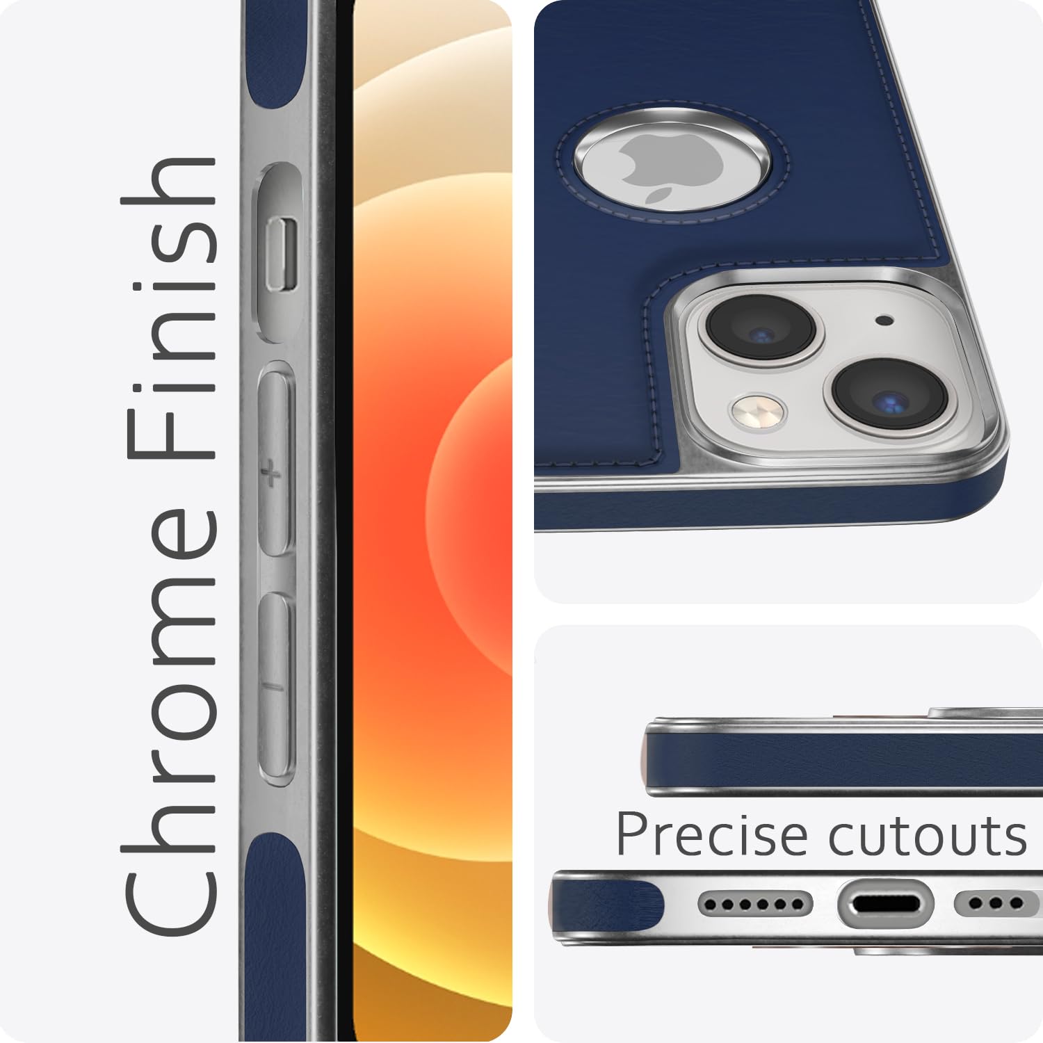 Pikkme iPhone 13 Silver Electroplated Chrome Leather Back Cover (Blue)