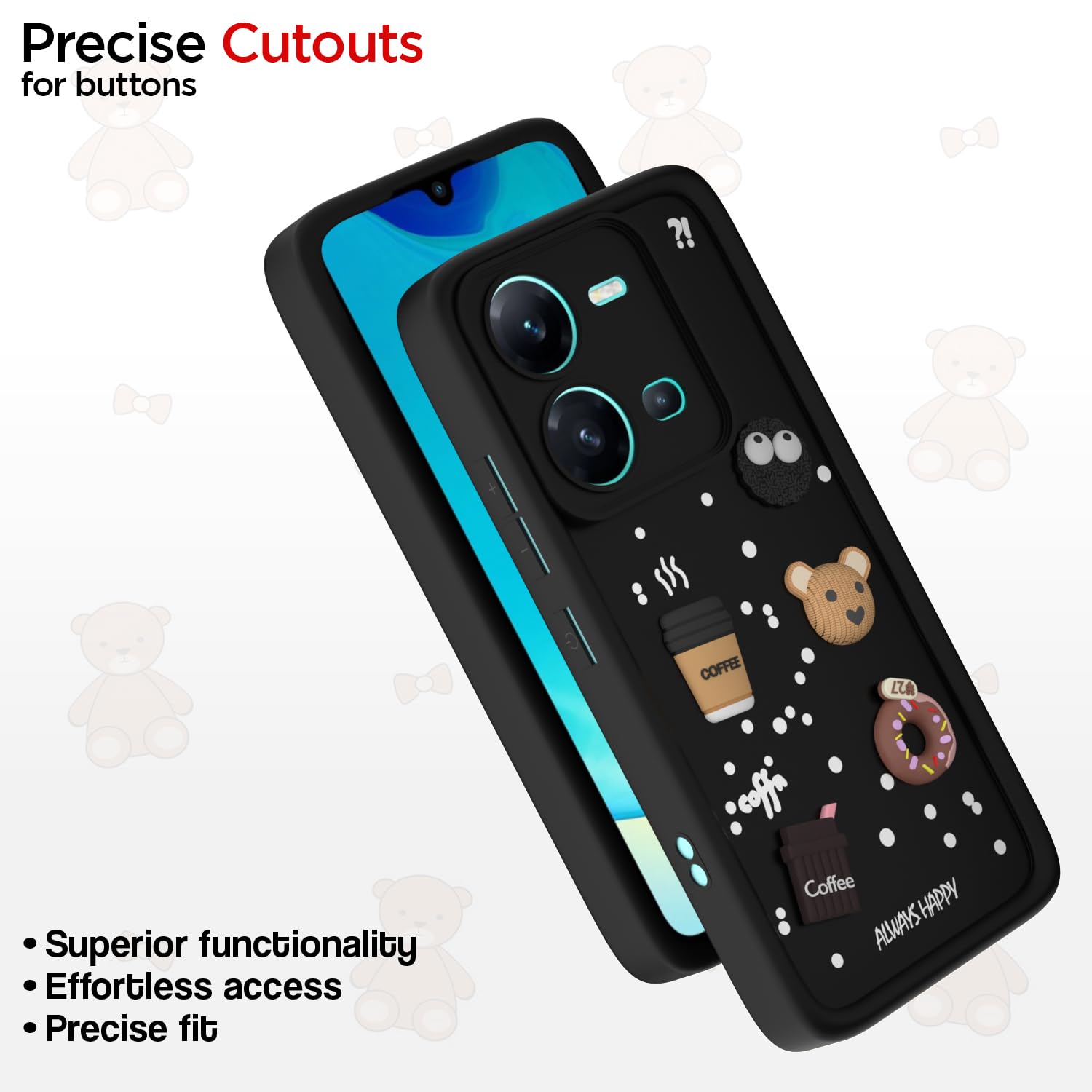 Pikkme Vivo V25 5G Cute Fun Cartoon 3D Bear Coffee Back Cover (Black)