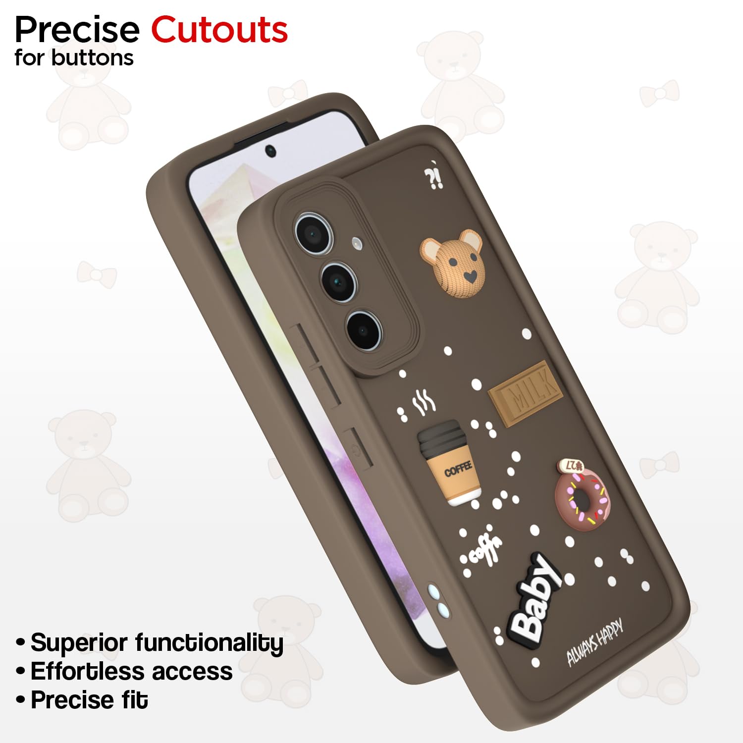 Pikkme Samsung Galaxy A35 5G Cute Fun Cartoon 3D Bear Coffee Back cover (Brown)
