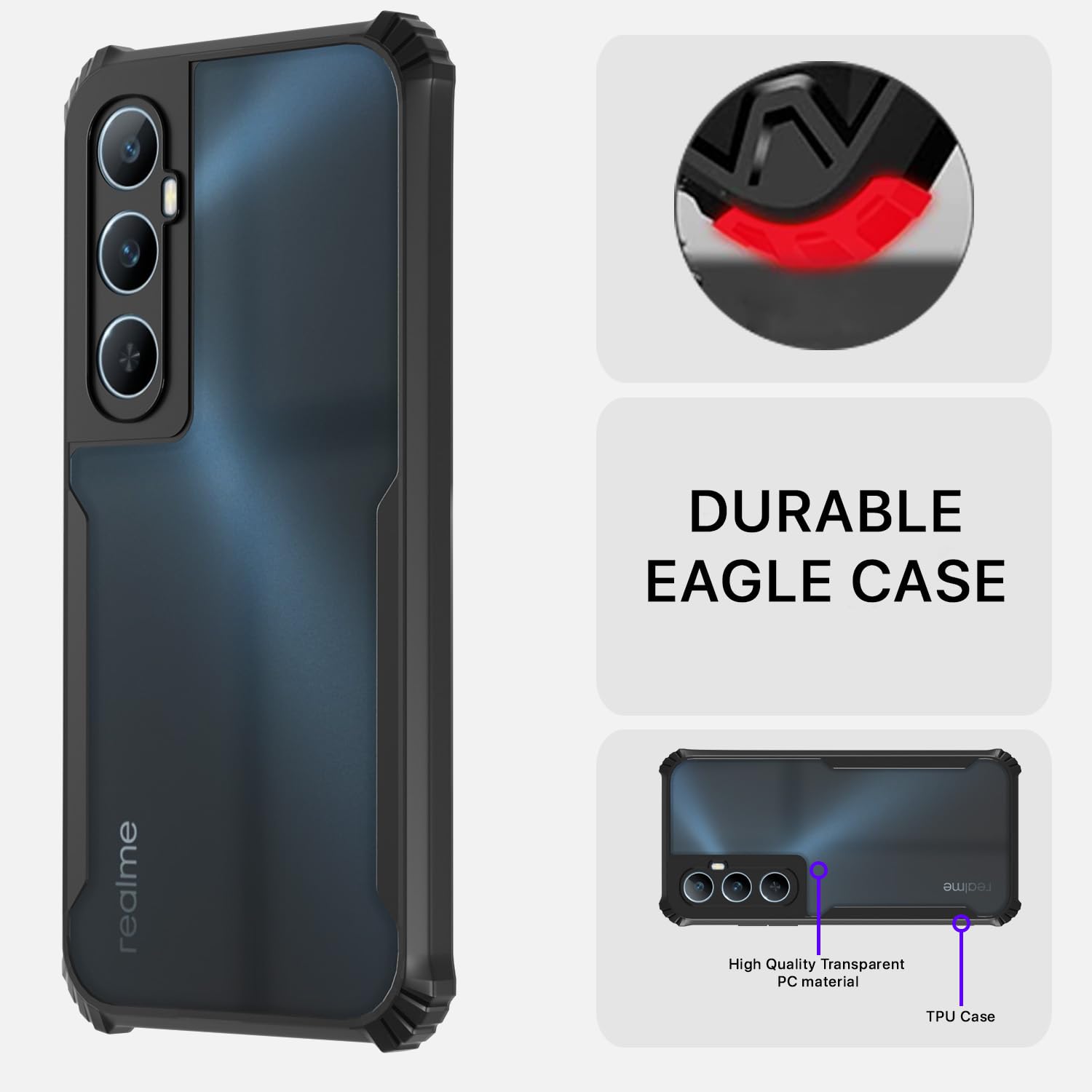 Pikkme Realme C65 Eagle Clear Transparent Back Cover (Black)