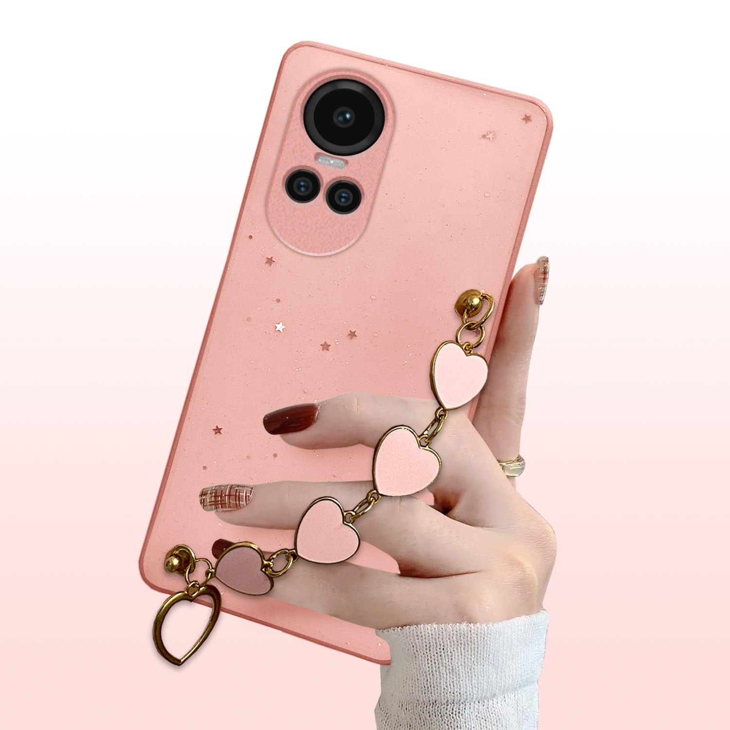 Pikkme Oppo Reno 10 5G Back Cover for Girls | Heart Shaped Metal Chain Blocks | Sparkling Soft TPU | Case for Oppo Reno 10 5G (Pink)