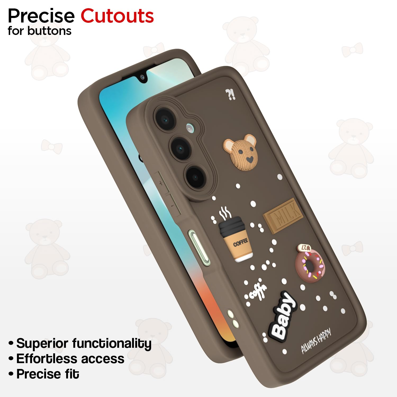 Pikkme Samsung Galaxy M16 5G Cute Fun Cartoon 3D Bear Coffee Back Cover (Brown)
