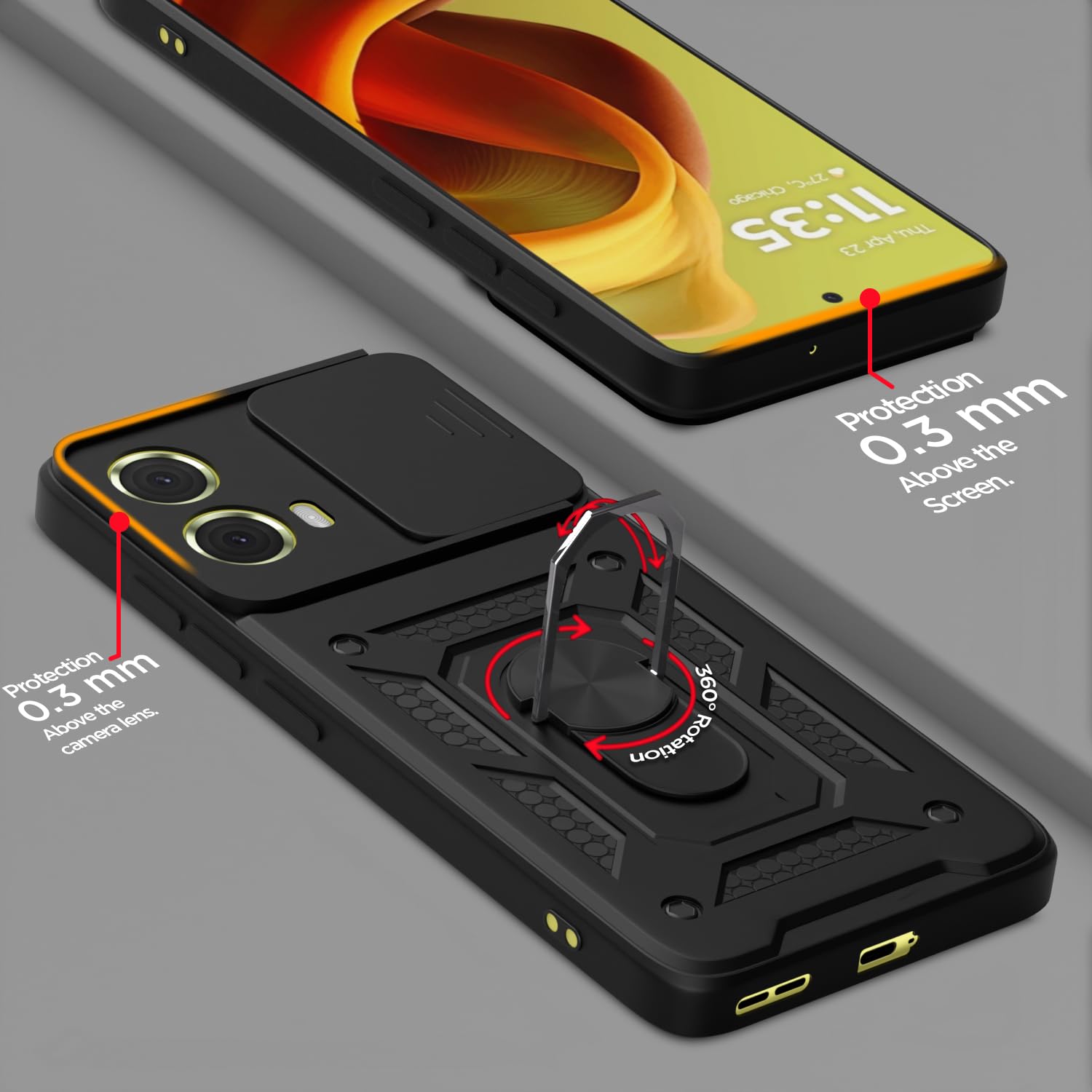 Pikkme Motorola Moto G85 5G Sliding Camera Shield & Stand D10 Tough Armor Back Cover (Black)