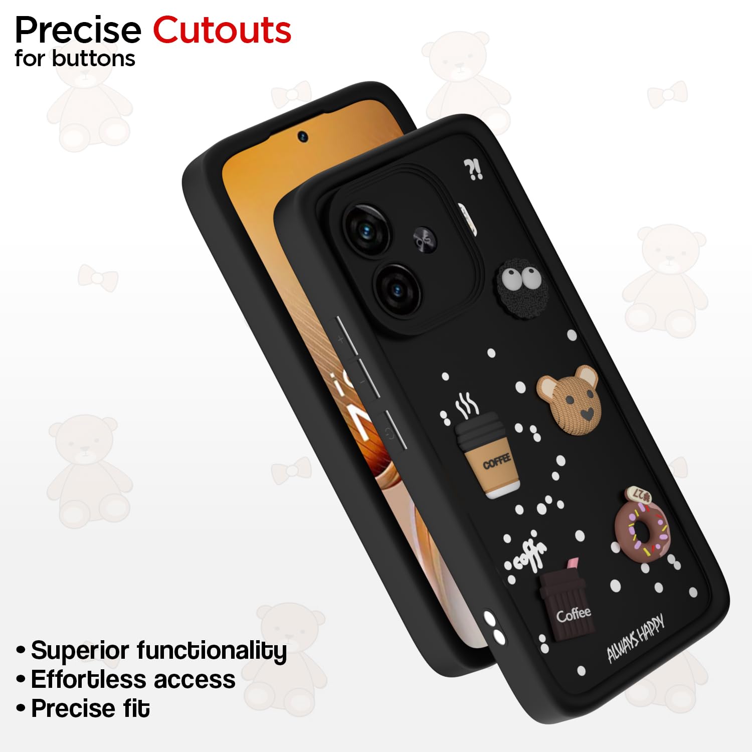 Pikkme iQOO Neo 10R 5G / iQOO Z9 Turbo 5G / Vivo Y200 GT 5G Cute Fun Cartoon 3D Bear Coffee Back Cover (Black)