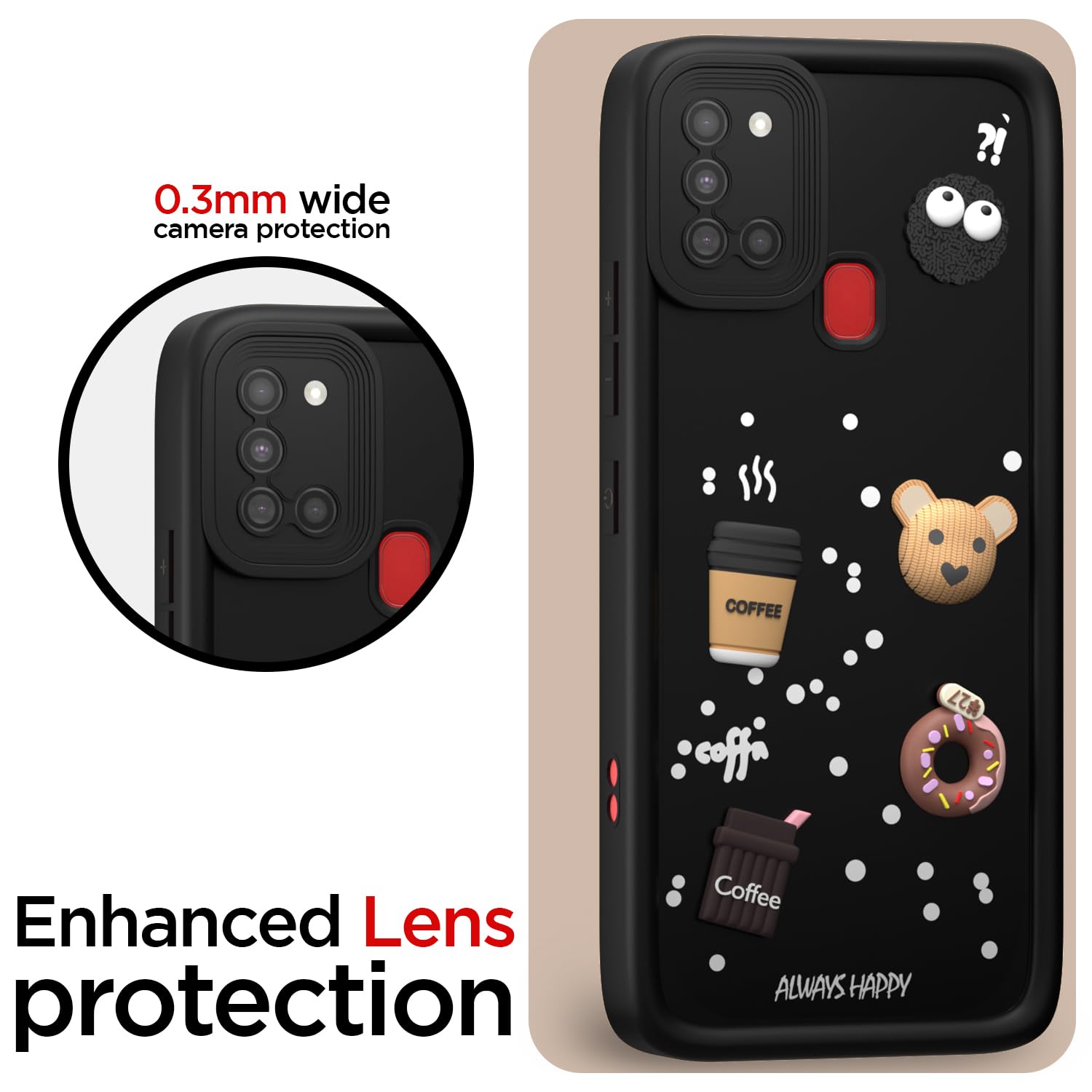 Pikkme Samsung Galaxy A21s Cute Fun Cartoon 3D Bear Coffee Back Cover (Black)