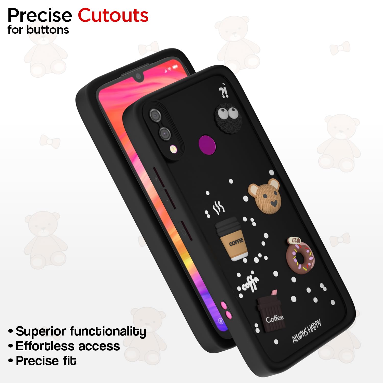 Pikkme Redmi Note 7 / Note 7 Pro / Note 7s Cute Fun Cartoon 3D Bear Coffee Back Cover (Black)