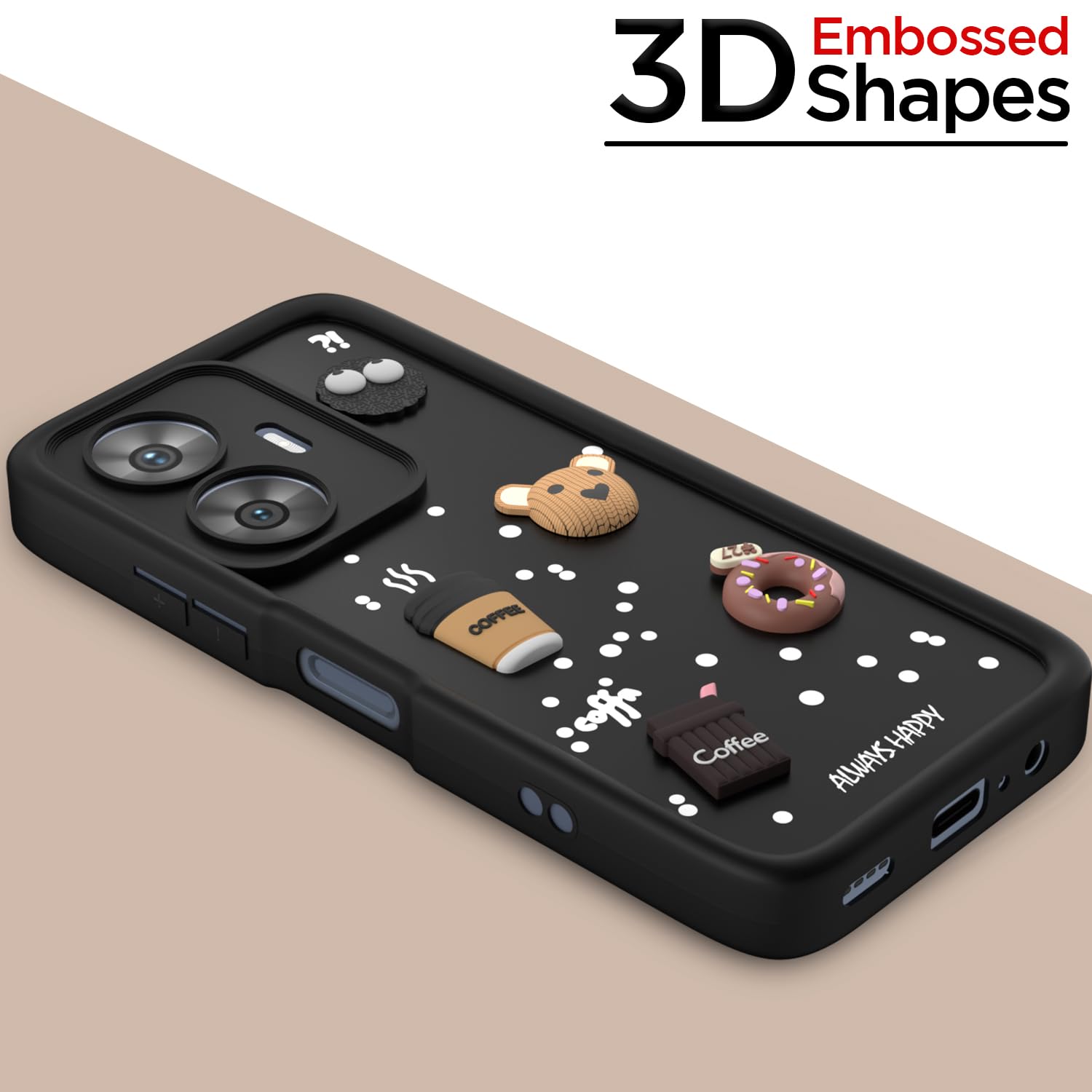 Pikkme Realme Narzo N55 / Realme C55 Cute Fun Cartoon 3D Bear Coffee Back Cover (Black)