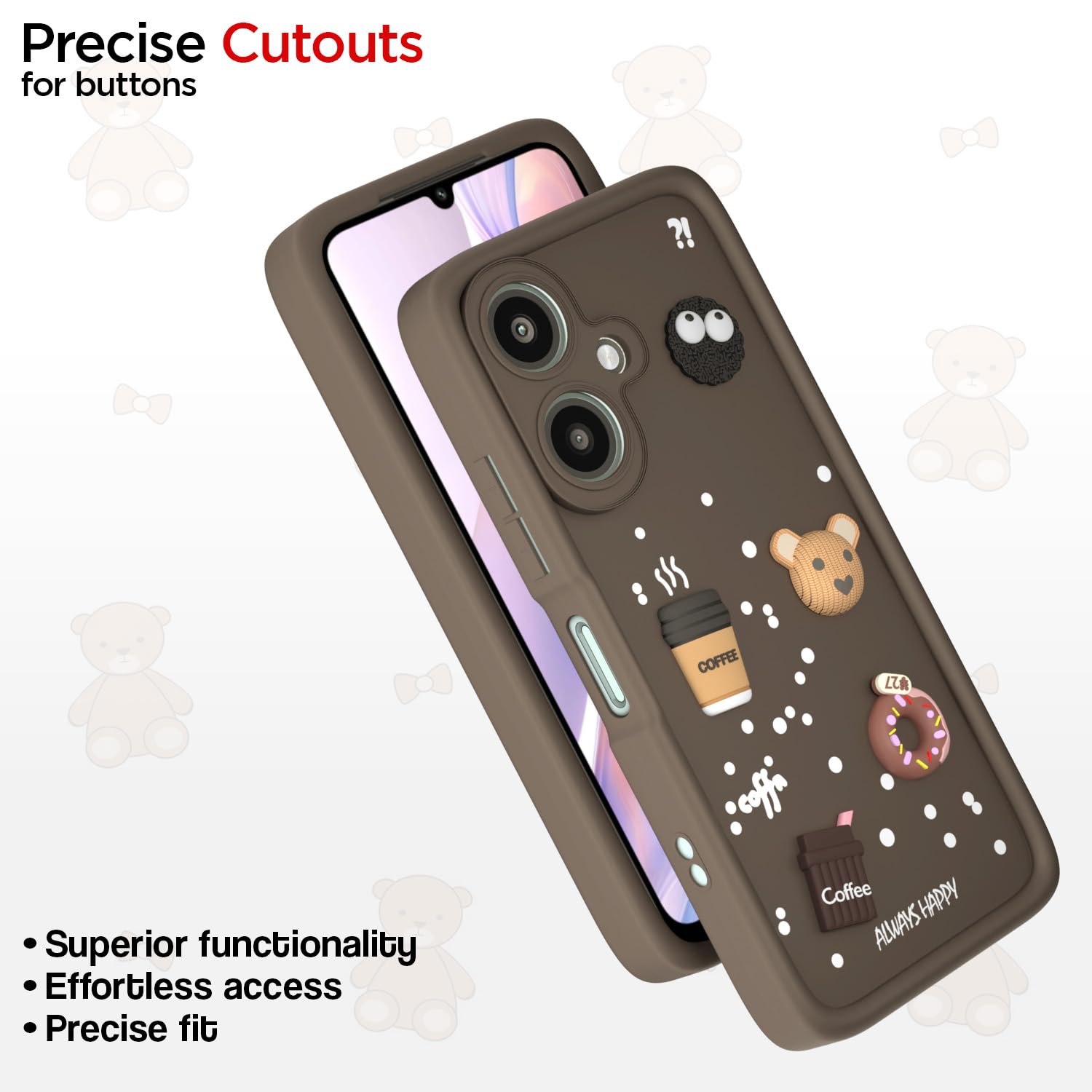 Pikkme Redmi 13C 5G / Poco M6 5G Cute Fun Cartoon 3D Bear Coffee Back Cover (Brown)