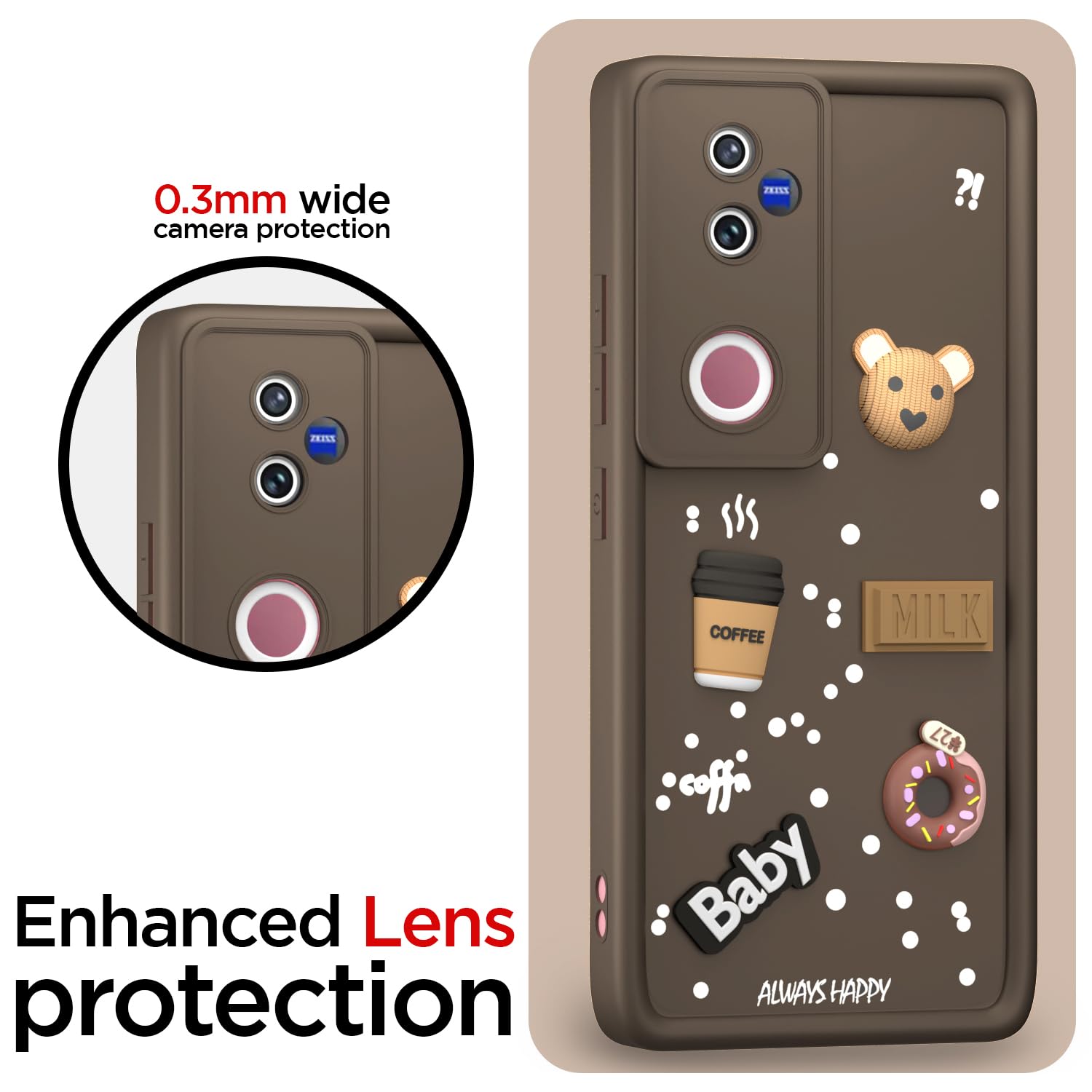 Pikkme Vivo V50 5G Cute Fun Cartoon 3D Bear Coffee Back Cover (brown)