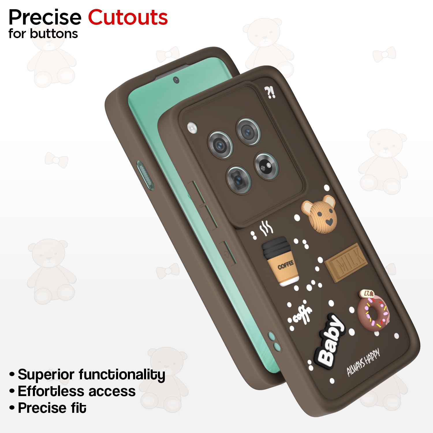 Pikkme OnePlus 12 5G Cute Fun Cartoon 3D Bear Coffee Back Cover (Brown)
