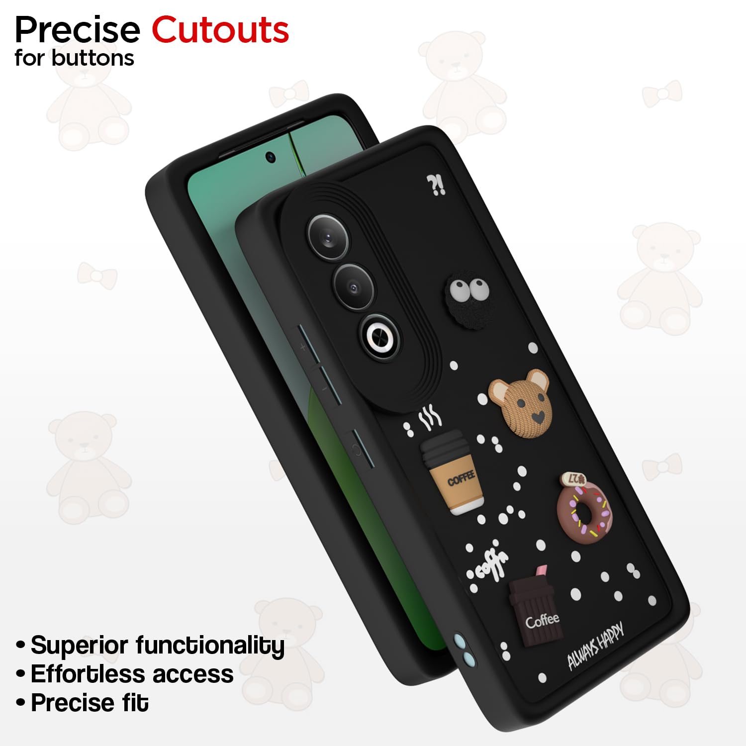 Pikkme OnePlus Nord CE 4 5G Cute Fun Cartoon 3D Bear Coffee Back Cover (Black)