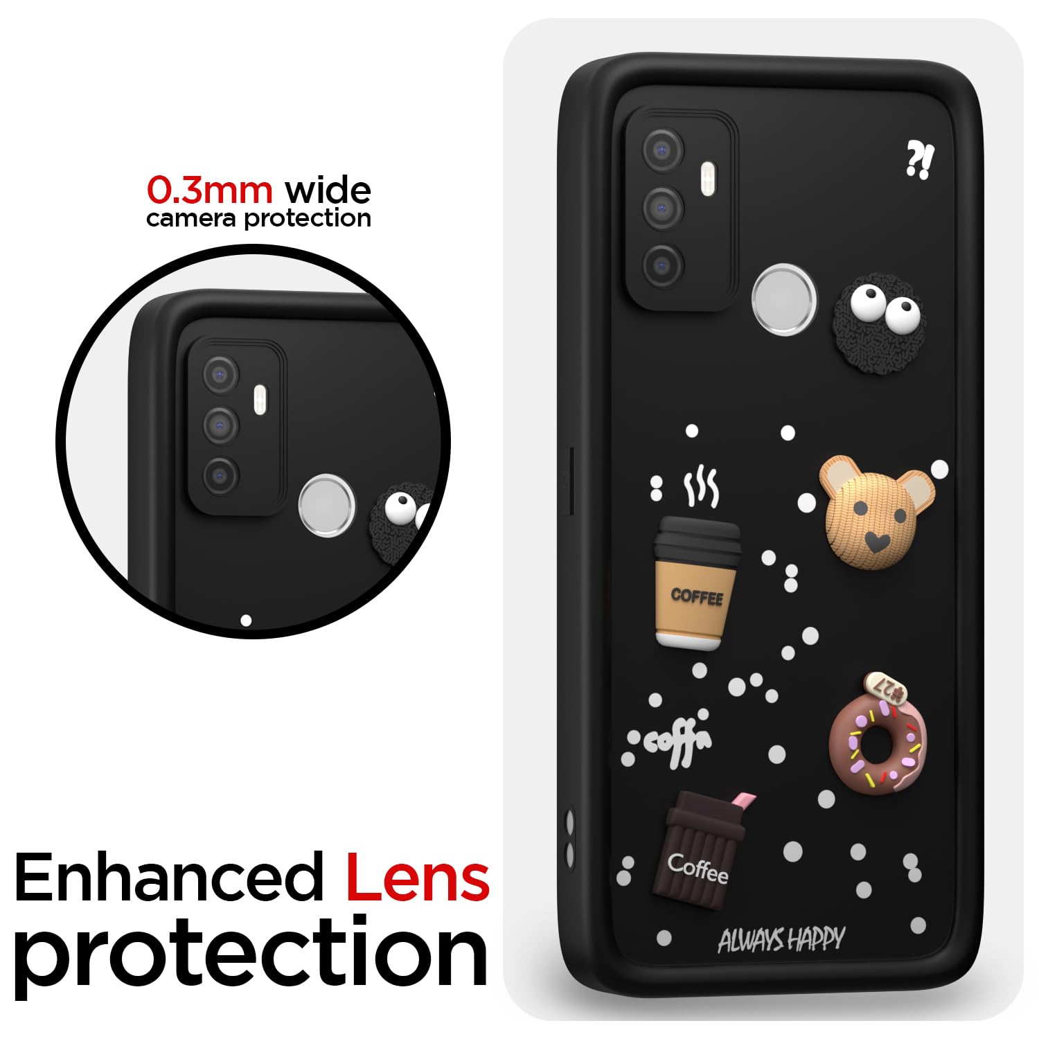 Pikkme Oppo A53 Cute Fun Cartoon 3D Bear Coffee Back Cover (Black)