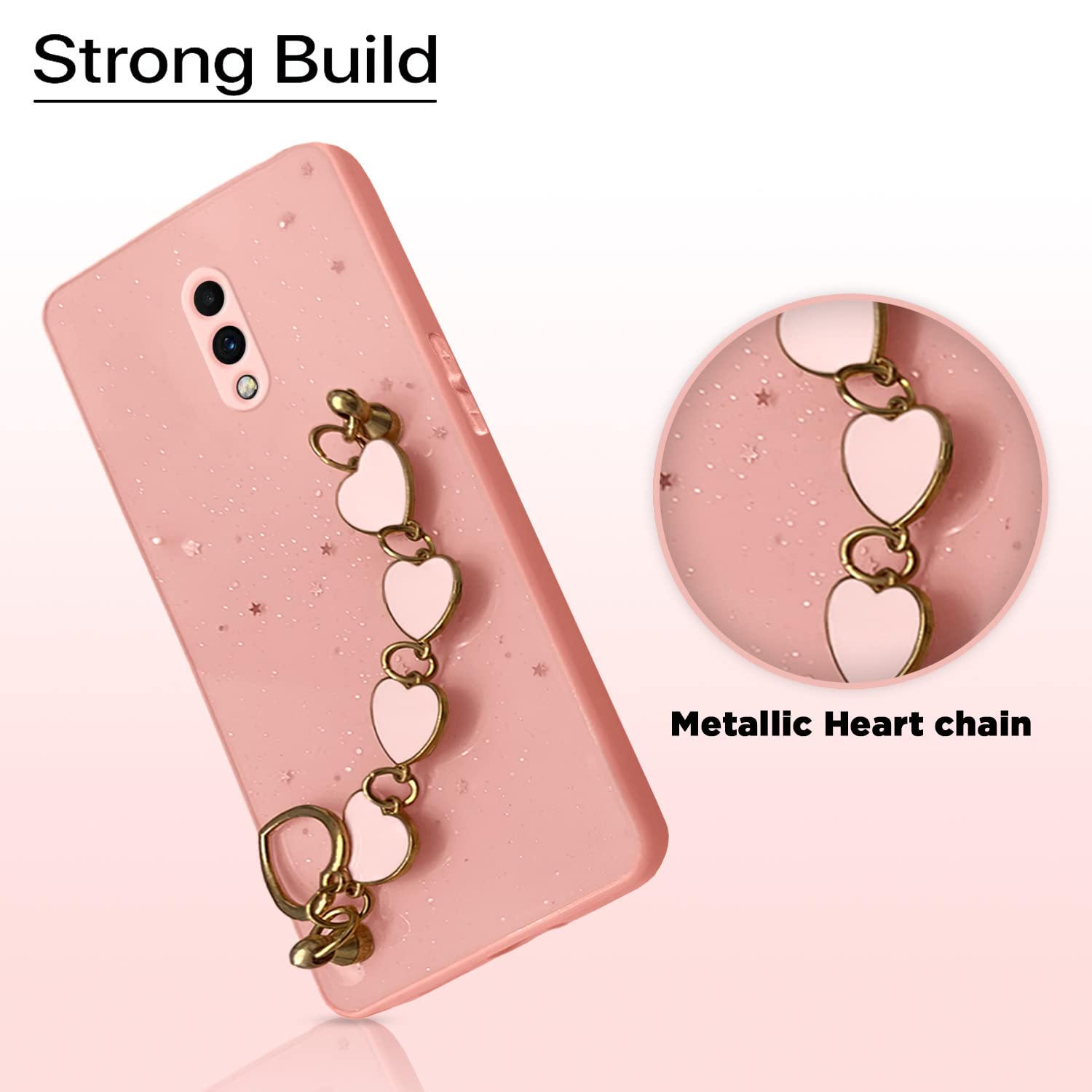 Pikkme Oneplus 6T / Oneplus 7/1+6T / 1+7 Back Cover for Girls | Heart Shaped Metal Chain Blocks | Sparkling Soft TPU | Case for Oneplus 6T / Oneplus 7/1+6T / 1+7 (Pink)