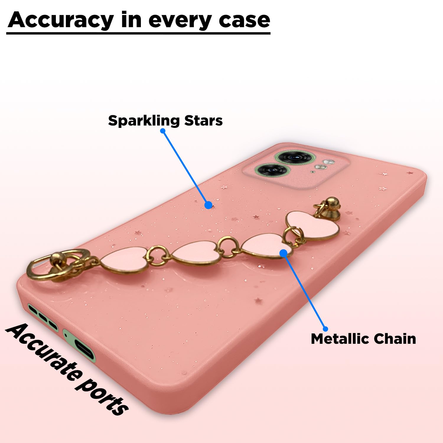 Pikkme Moto Edge 40 Back Cover for Girls | Heart Shaped Metal Chain Blocks | Sparkling Soft TPU | Case for Moto Edge 40 (Pink)