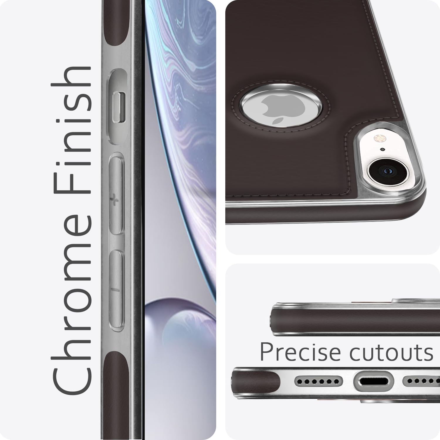 Pikkme iPhone XR Silver Electroplated Chrome Leather Back Cover (Coffee)