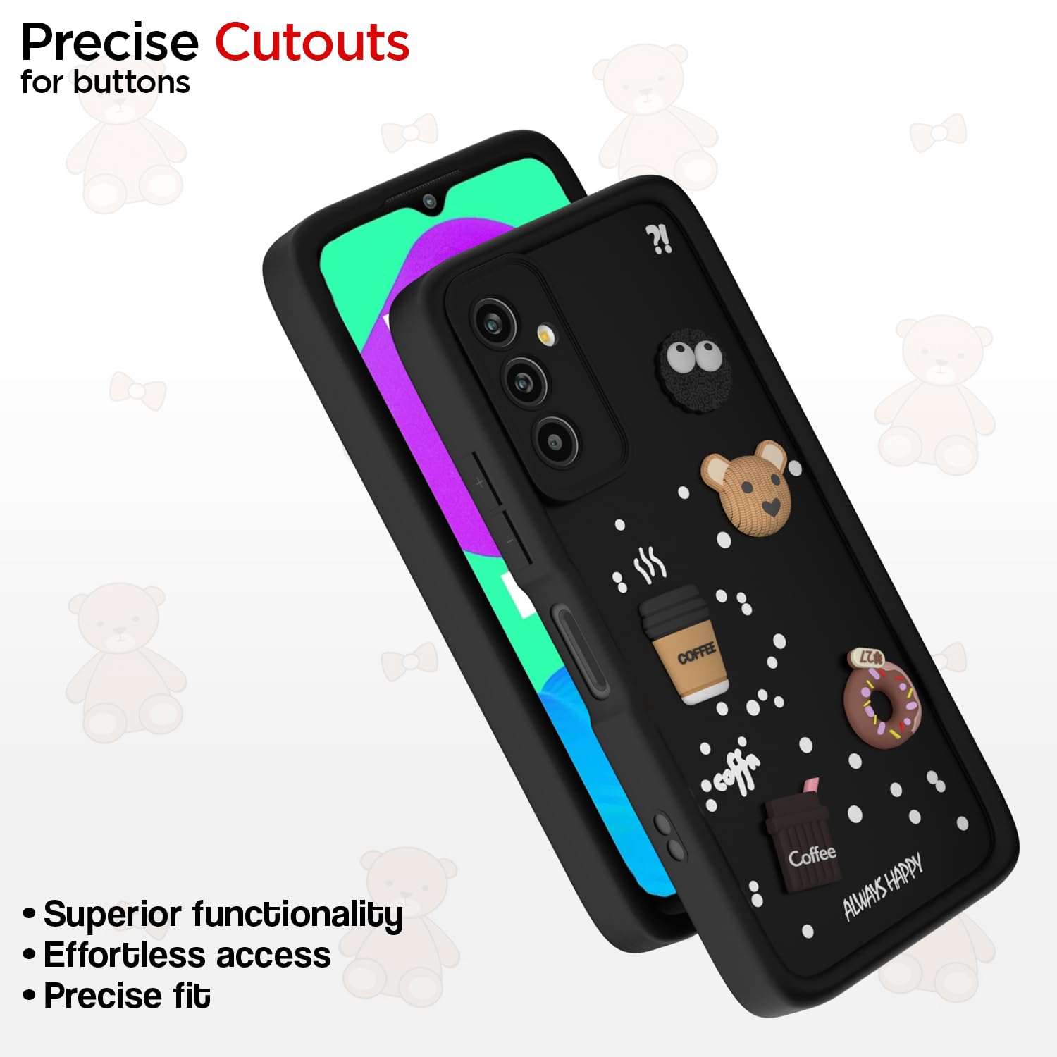 Pikkme Samsung Galaxy M13 4G Cute Fun Cartoon 3D Bear Coffee Back Cover (Black)