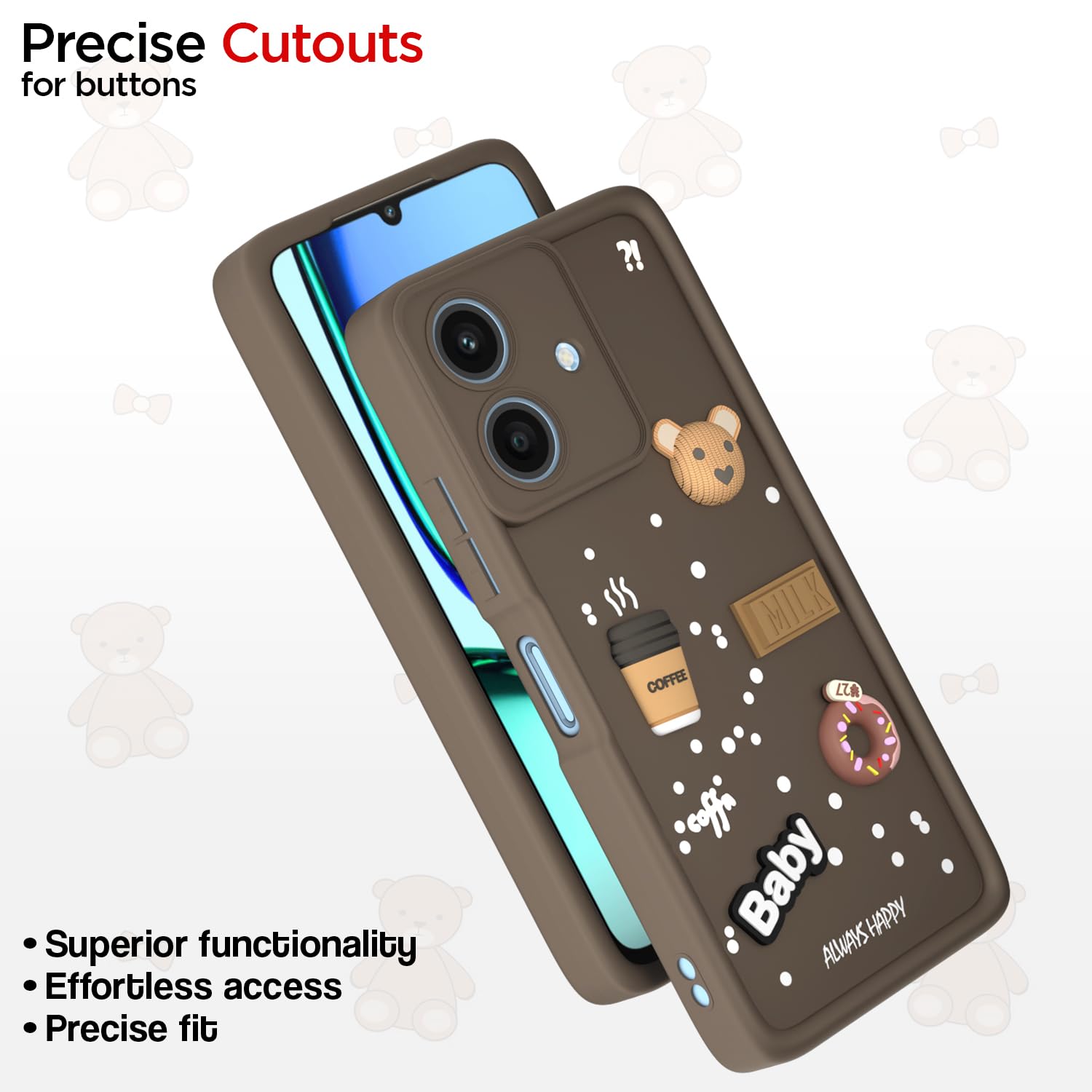 Pikkme Realme Narzo N61 / Realme C61 4G Cute Fun Cartoon 3D Bear Coffee Back Cover (Brown)