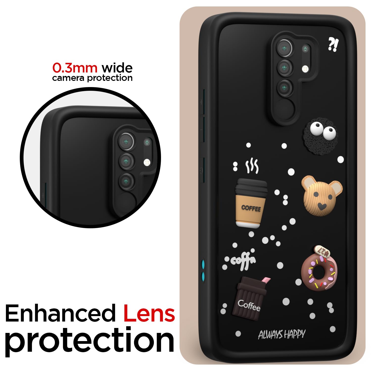 Pikkme Redmi 9 Prime/Poco M2 Cute Fun Cartoon 3D Bear Coffee Back Cover (Black)