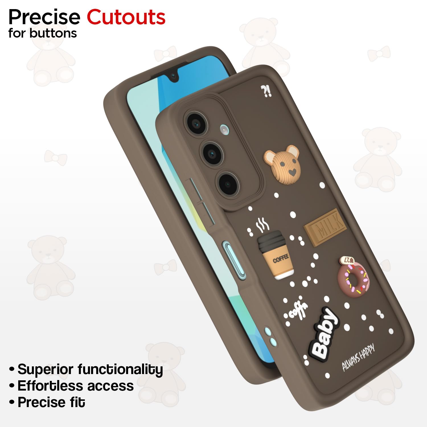 Pikkme Samsung Galaxy A16 5G Cute Fun Cartoon 3D Bear Coffee cartoon Back Cover (Brown)
