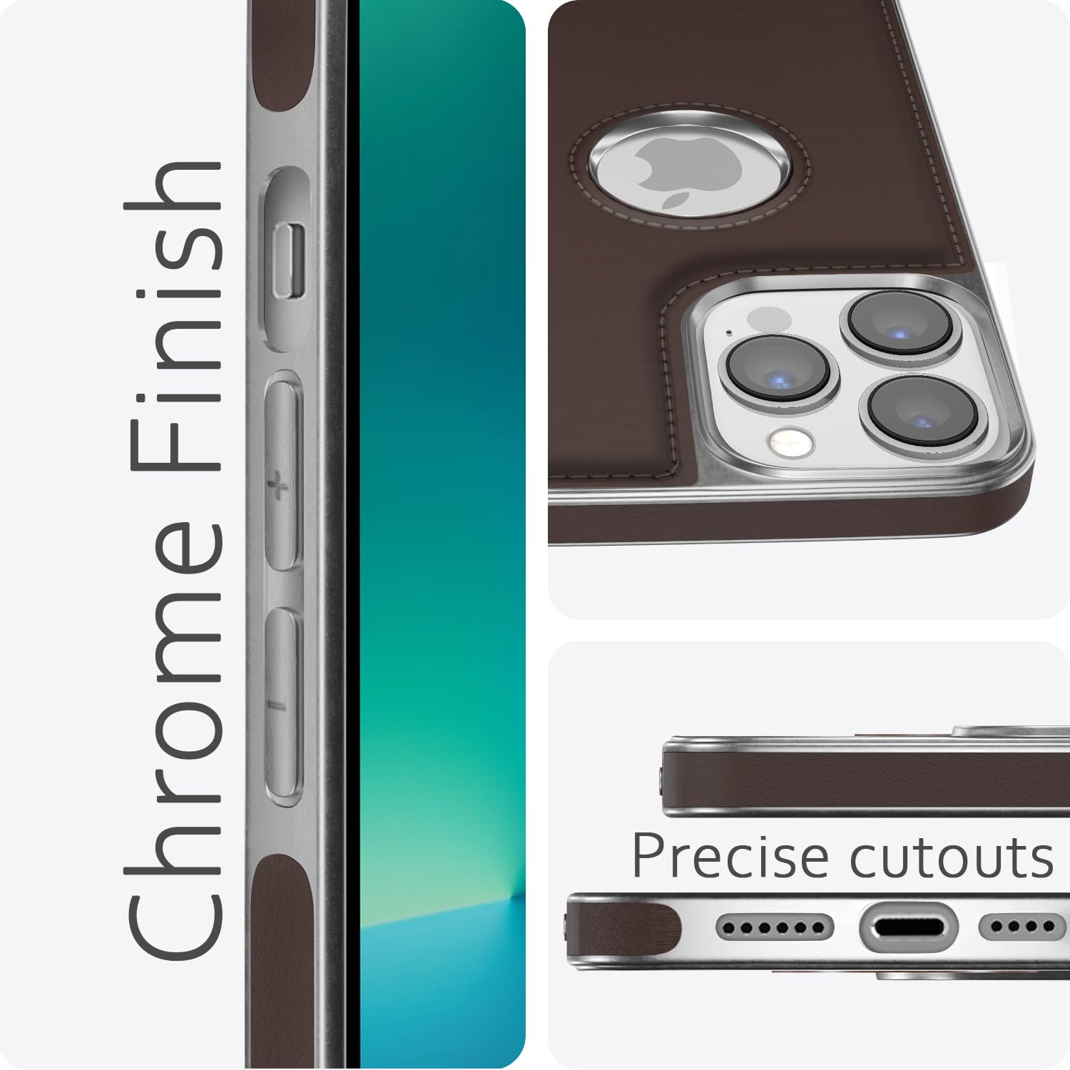 Pikkme iPhone 13 Pro Max Silver Electroplated Chrome Leather Back Back Cover (Coffee)