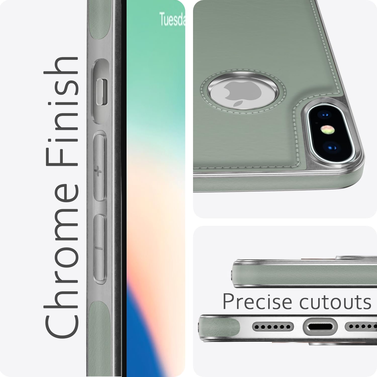 Pikkme iPhone X/Xs Silver Electroplated Chrome Leather Back Cover (Green)
