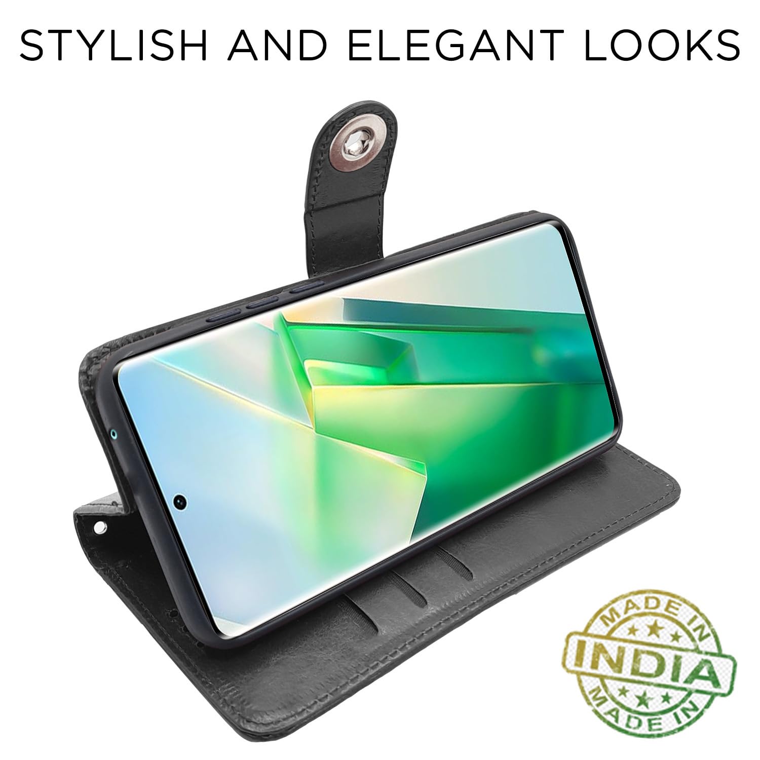 Vivo T2 Pro 5G Button wallet flip cover in black by Pikkme – photo 5
