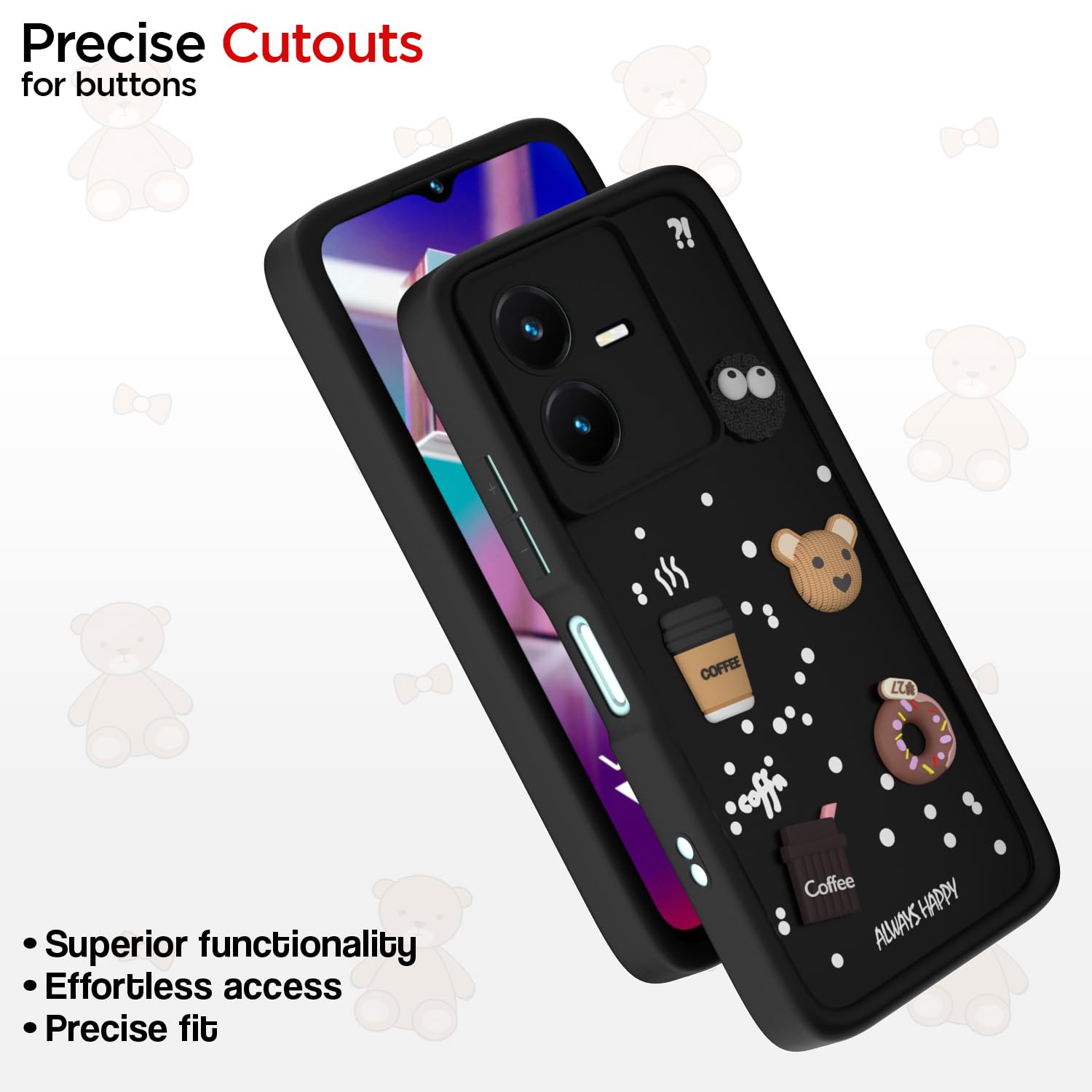 Pikkme Vivo Y22 Cute Fun Cartoon 3D Bear Coffee Back Cover (Black)