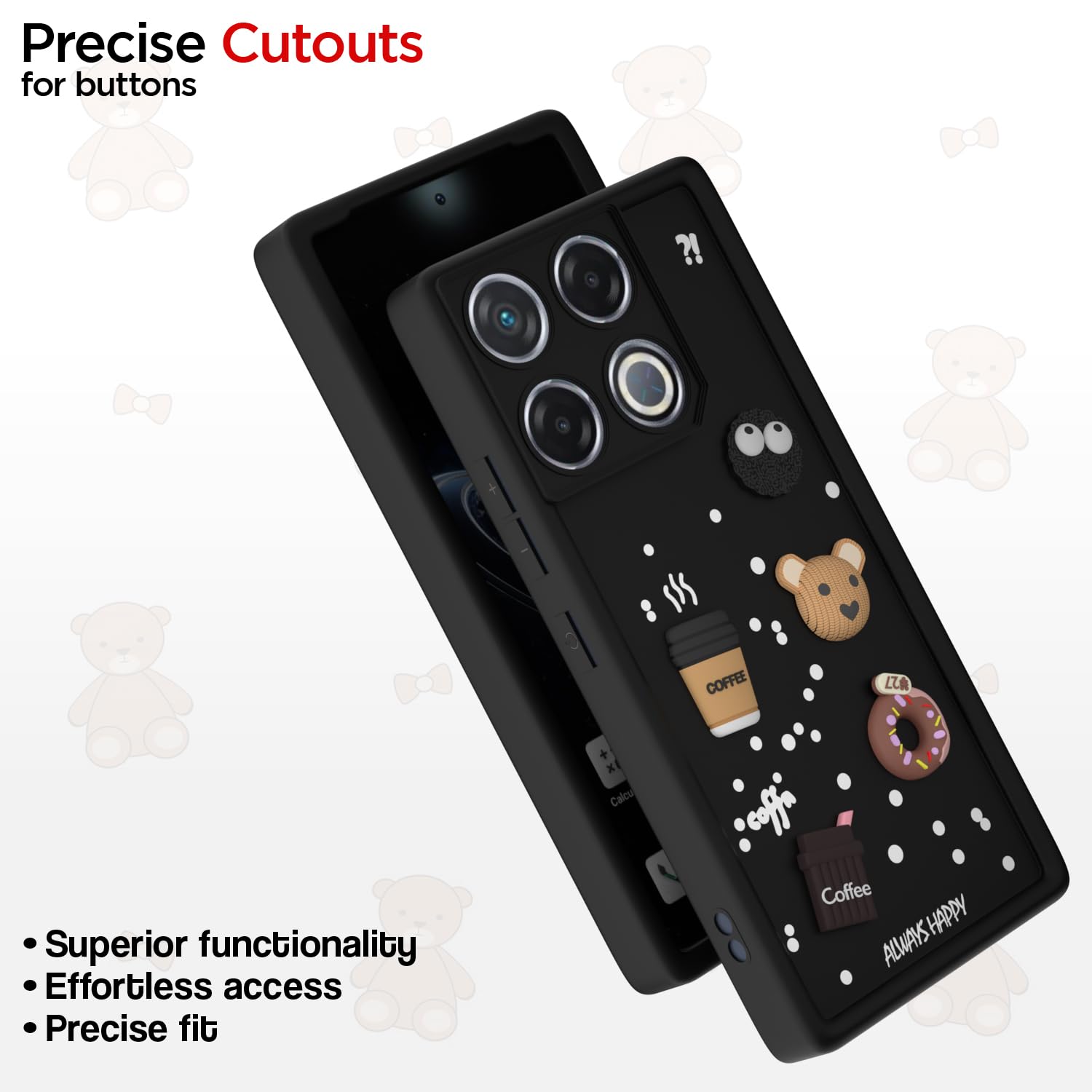 Pikkme Infinix GT 20 Pro 5G Cute Fun Cartoon 3D Bear Coffee Back Cover (Black)