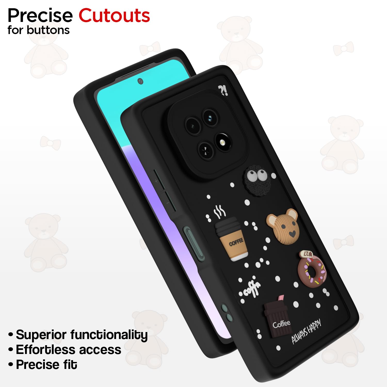 Pikkme Realme C63 5G Cute Fun Cartoon 3D Bear Coffee Back Cover (Black)