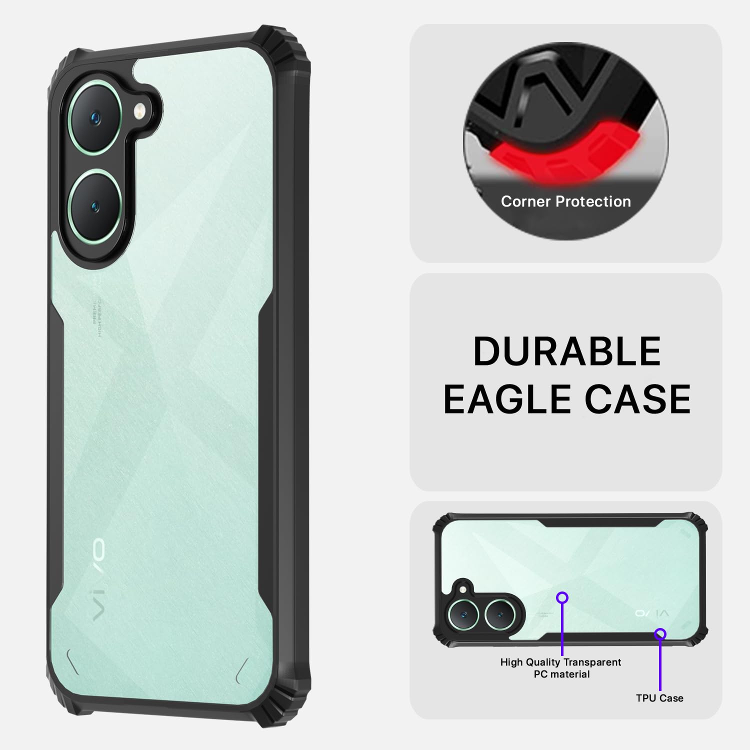 Pikkme iQOO Z9 Lite 5G | Vivo T3 Lite 5G | Vivo Y18 | Y18e | Y03 Eagle Crystal Clear Transparent Back Cover (Black)