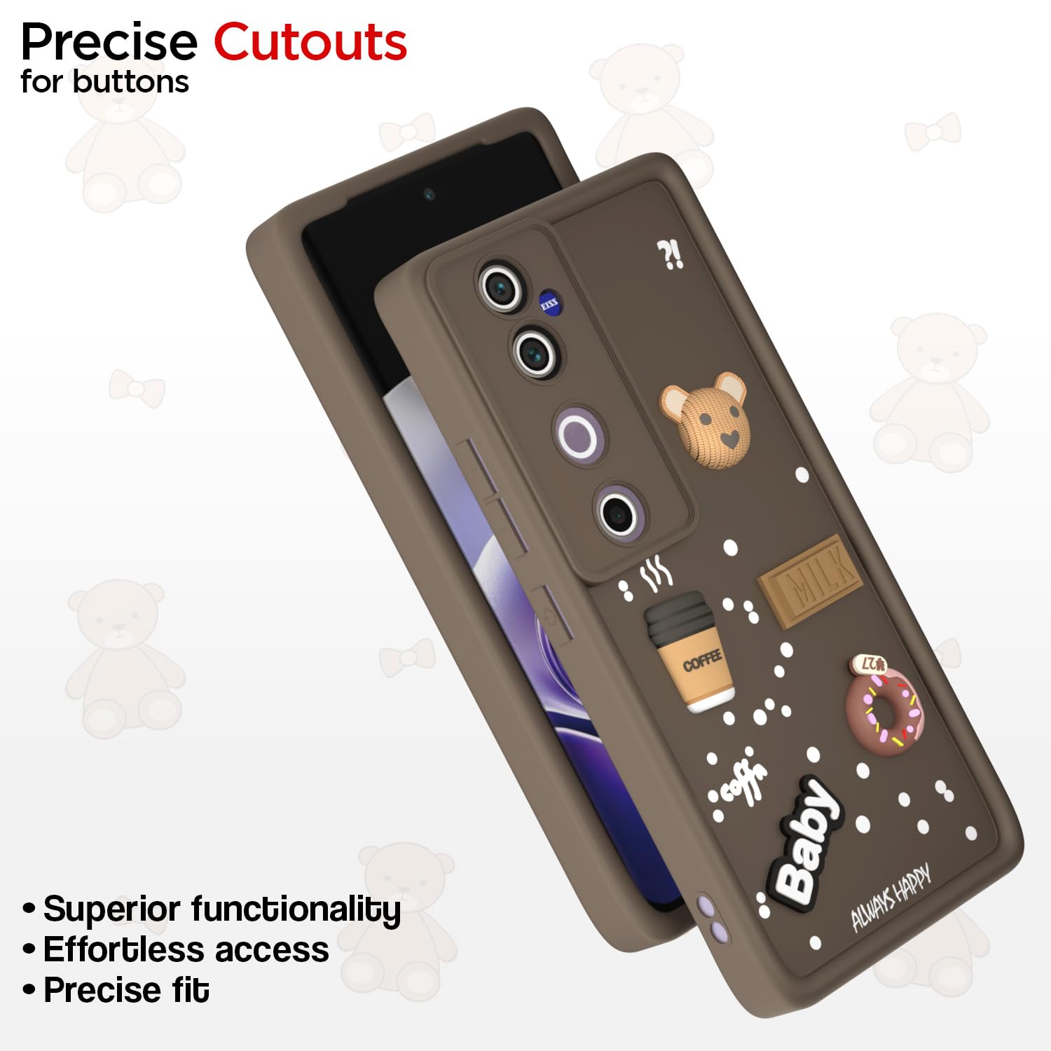 Pikkme Vivo V40 5G / V40 Pro 5G / T3 Ultra 5G Cute Fun Cartoon 3D Bear Coffee Back Cover (Brown)