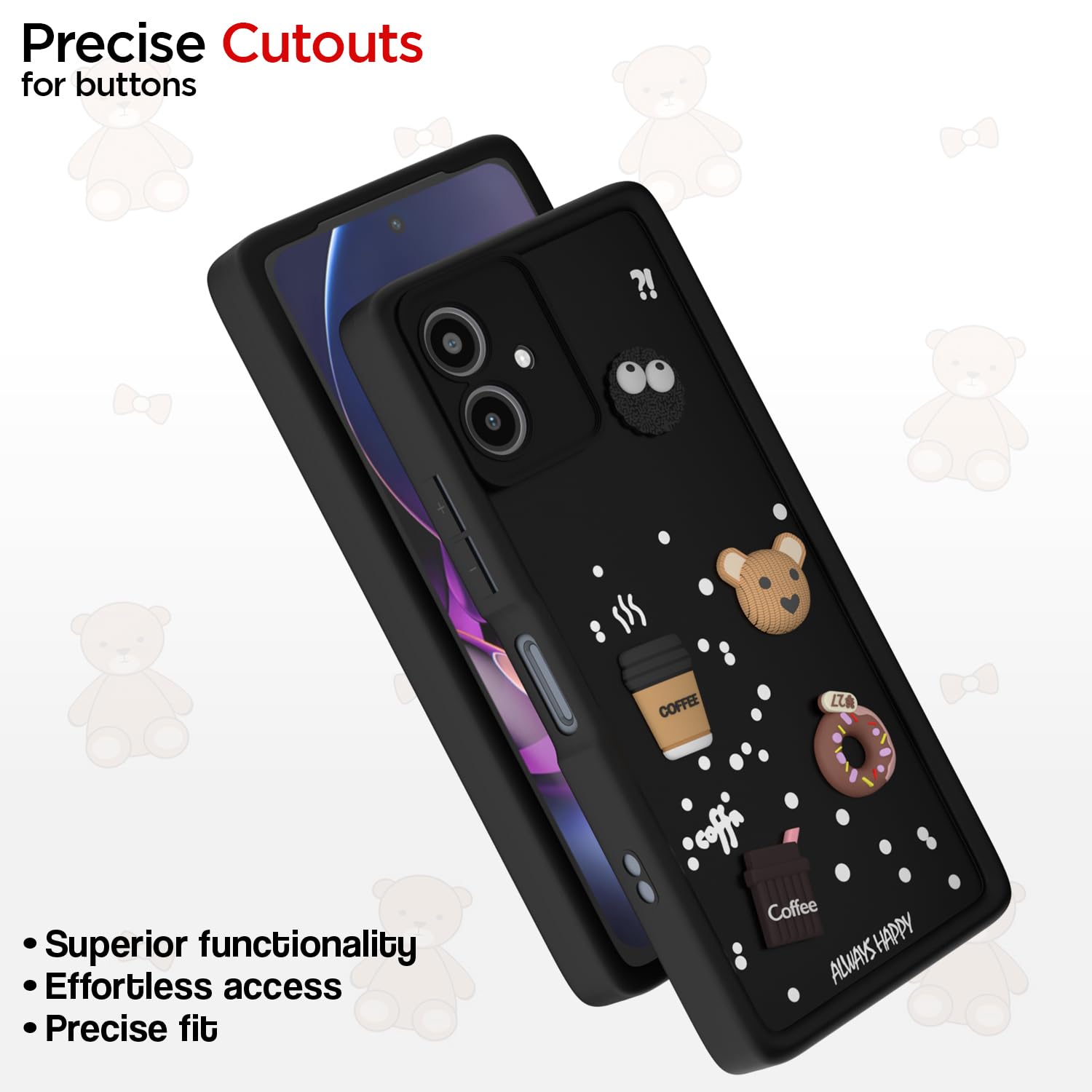 Pikkme Bumper Case for Moto G34 / G45 5G Cute Fun Cartoon 3D Bear Coffee Back Cover (Black)