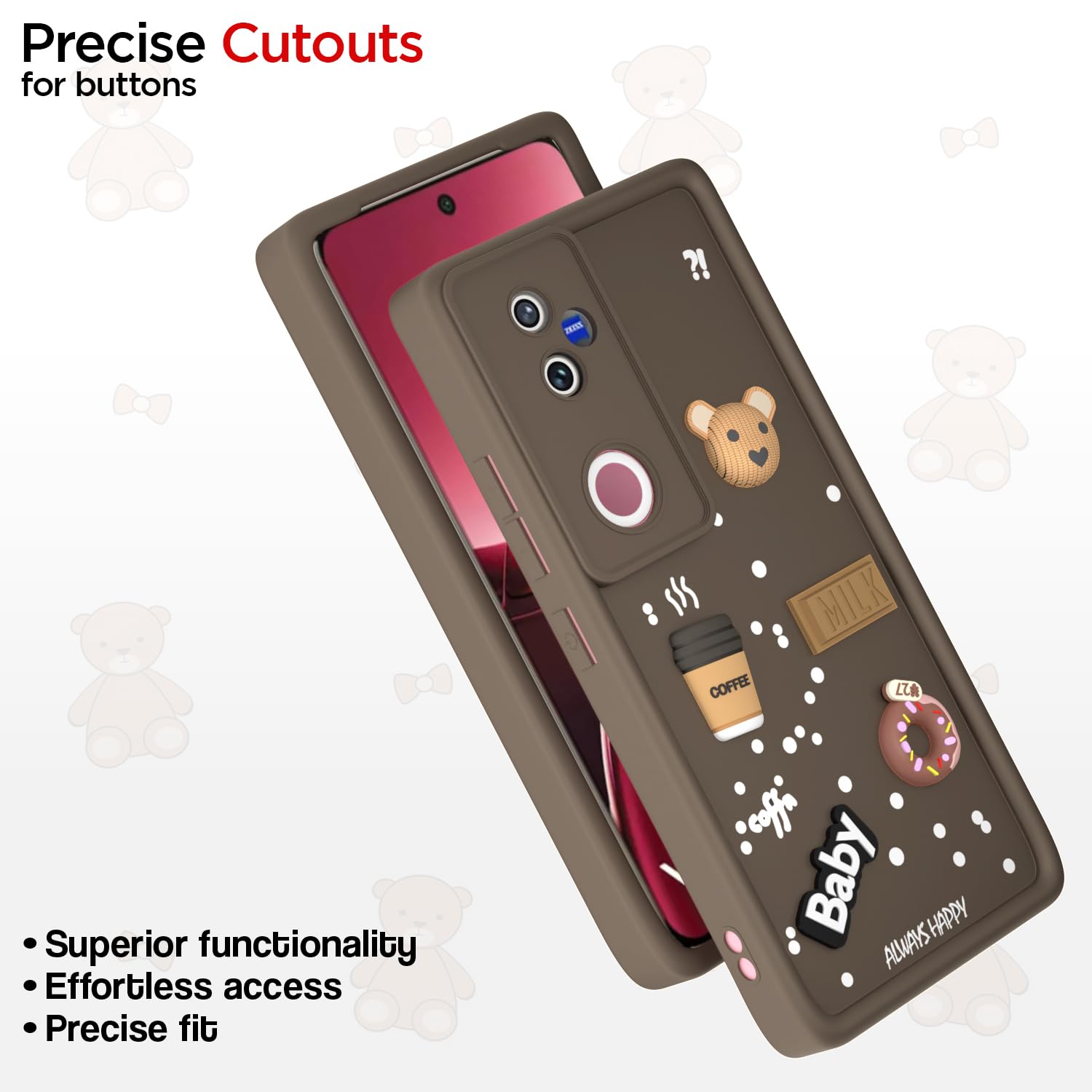 Pikkme Vivo V50 5G Cute Fun Cartoon 3D Bear Coffee Back Cover (brown)