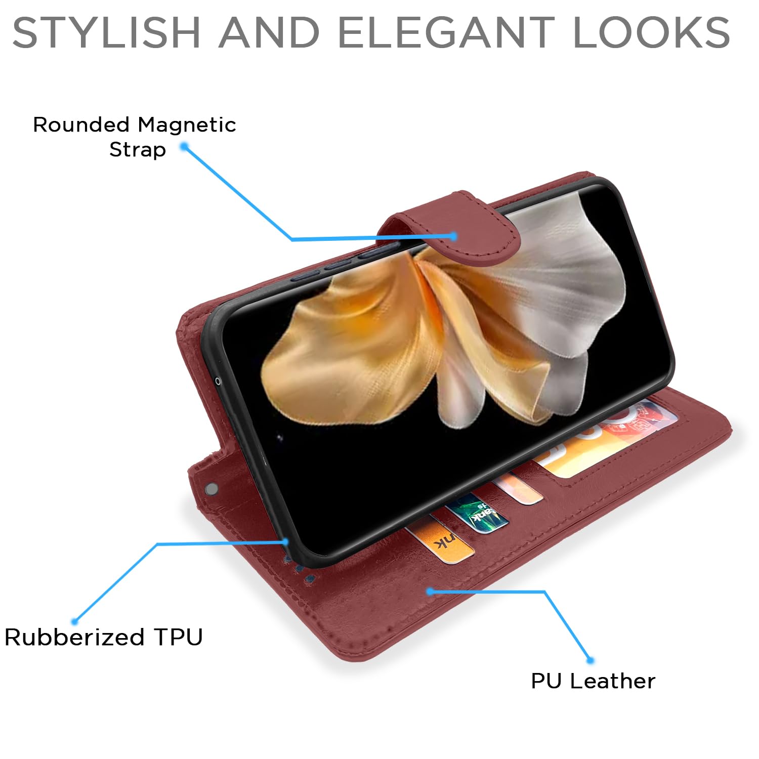 Vivo V30 Pro 5G wallet flip cover in brown by Pikkme – photo 3
