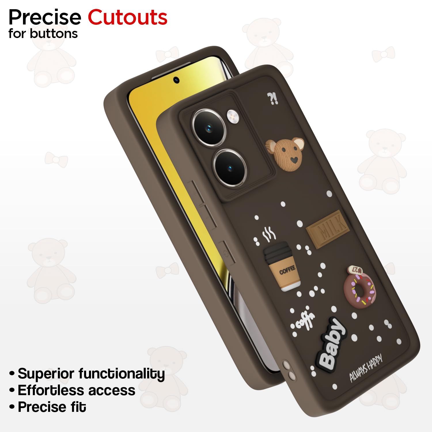Pikkme Realme P3 Ultra 5G Cute Fun Cartoon 3D Bear Coffee Back Cover (Brown)