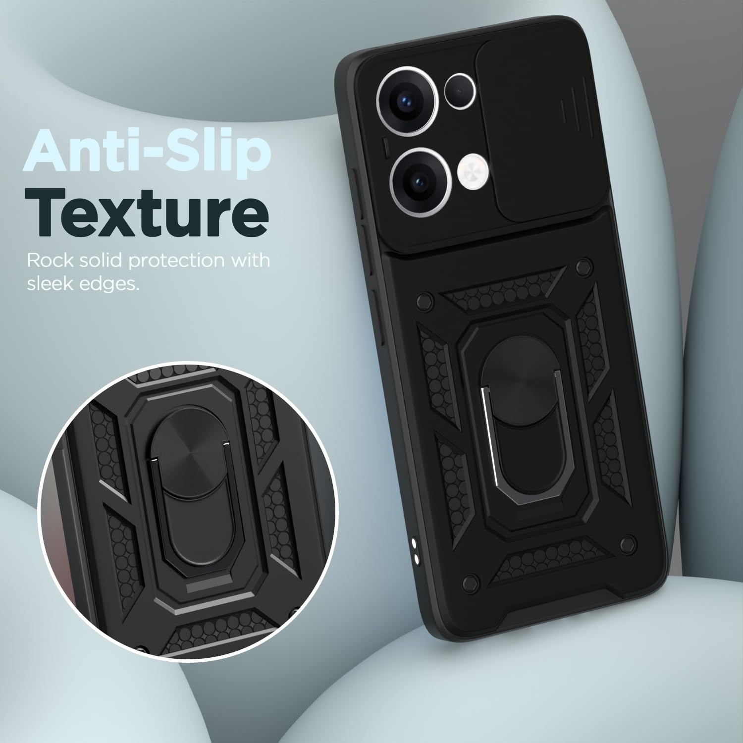 Pikkme Oppo Reno 13 5G Sliding Camera Shield & Stand D10 Tough Armor Back Cover (Black)