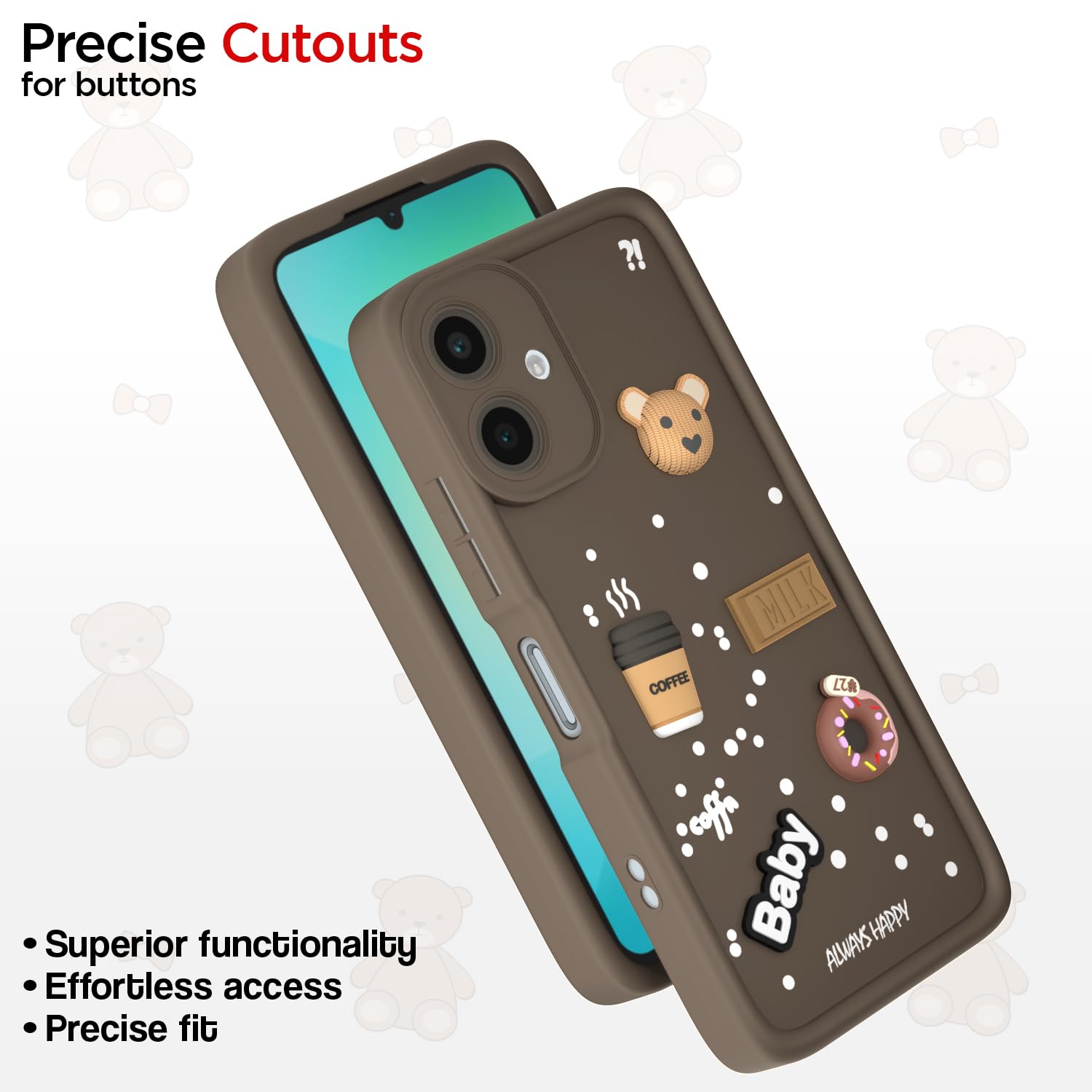Pikkme Samsung Galaxy A06 Cute Fun Cartoon 3D Bear Coffee Back Cover (Brown)