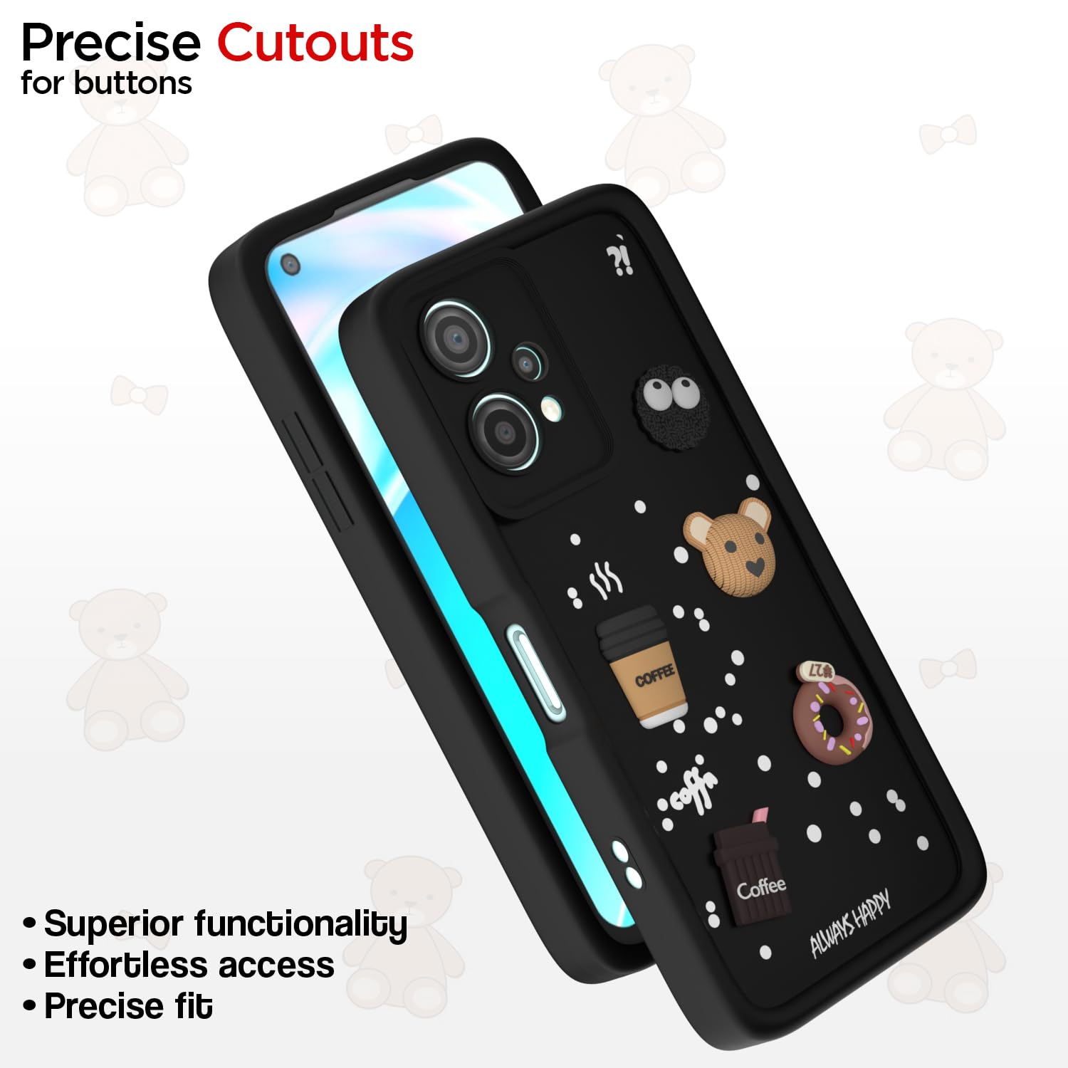 Pikkme OnePlus Nord CE2 Lite 5G Cute Fun Cartoon 3D Bear Coffee Back Cover (Black)