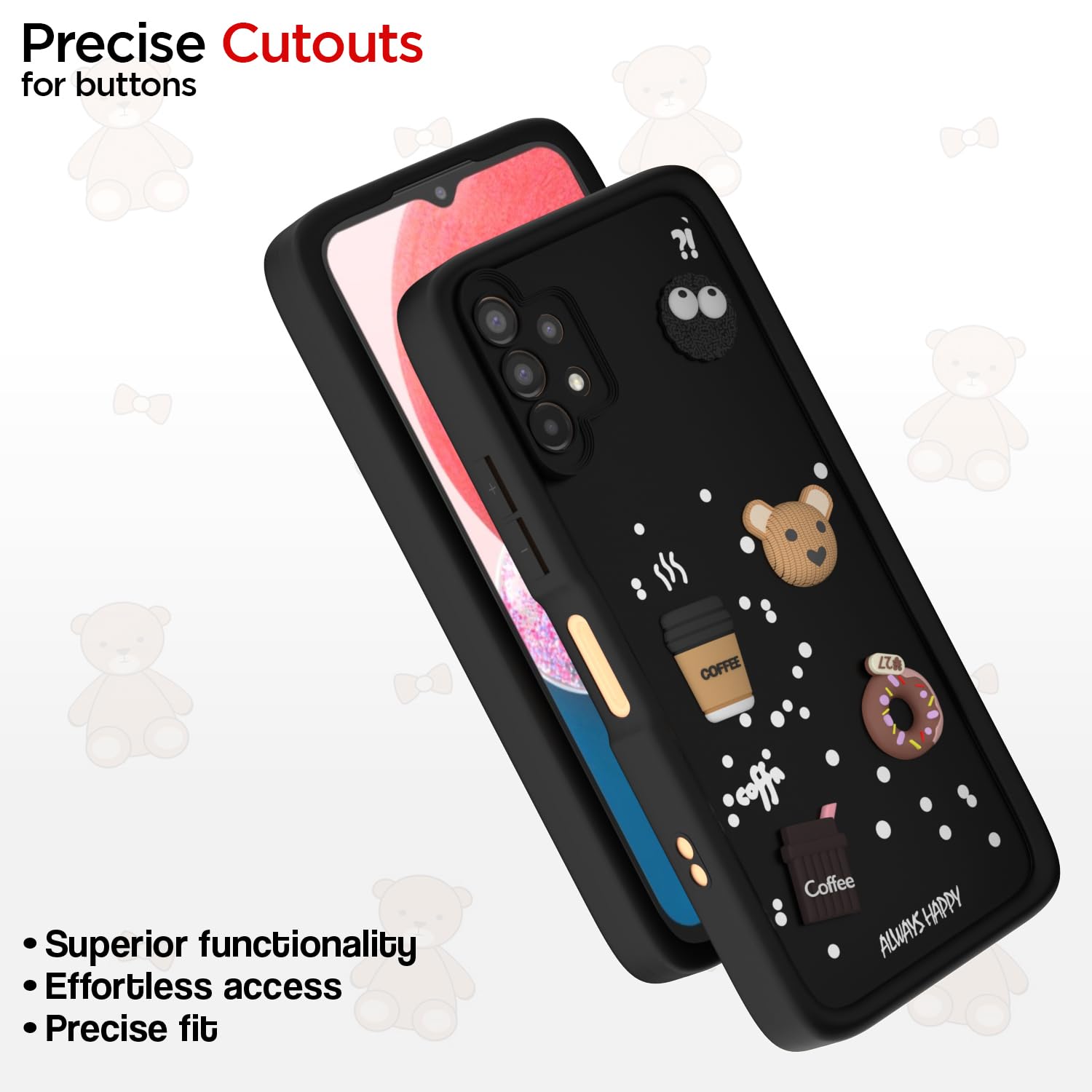 Pikkme Samsung Galaxy A13 4G / A13 5G Cute Fun Cartoon 3D Bear Coffee Back Cover (Black)