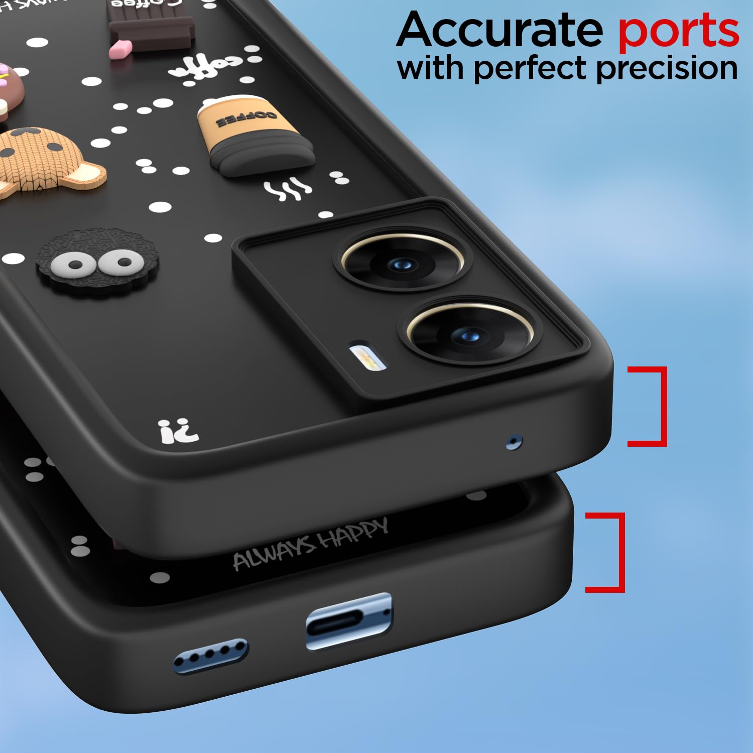 Pikkme Vivo V29e 5G Cute Fun Cartoon 3D Bear Coffee Back Cover (Black)