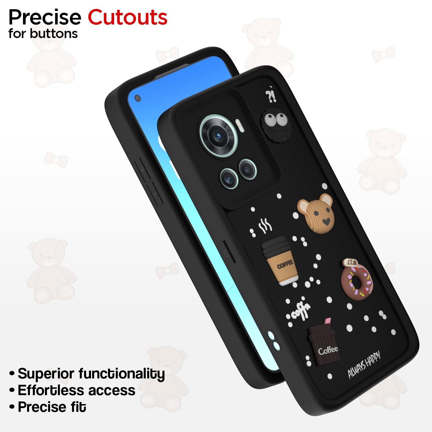 Pikkme OnePlus 10R 5G Cute Fun Cartoon 3D Bear Coffee Back Cover (Black)