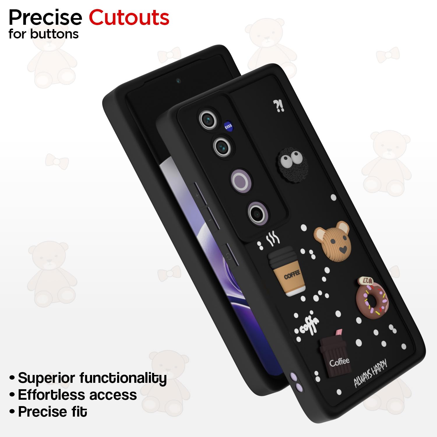 Pikkme Vivo V40 5G / V40 Pro 5G / T3 Ultra 5G Cute Fun Cartoon 3D Bear Coffee Back Cover (Black)