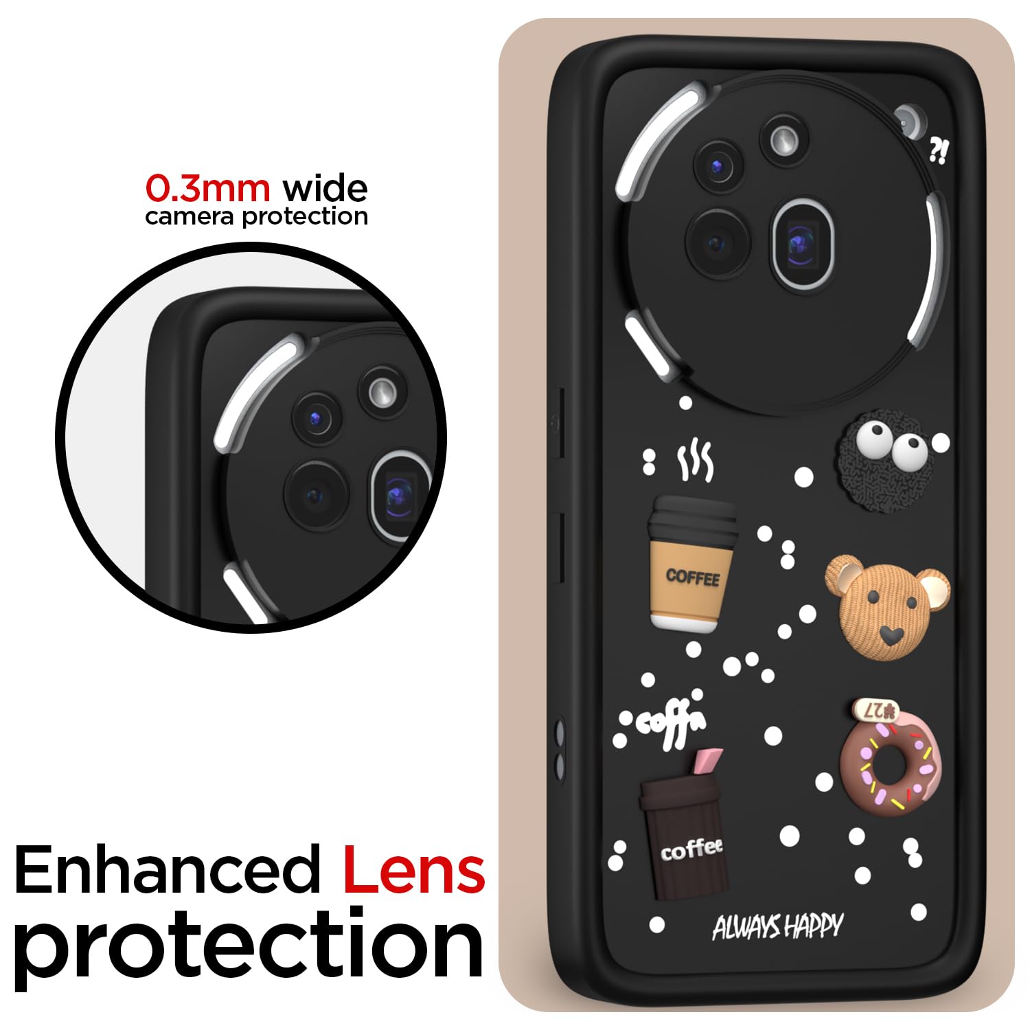 Pikkme Nothing Phone 3a Pro 5G Cute Fun Cartoon 3D Bear Coffee Back Cover (Black)