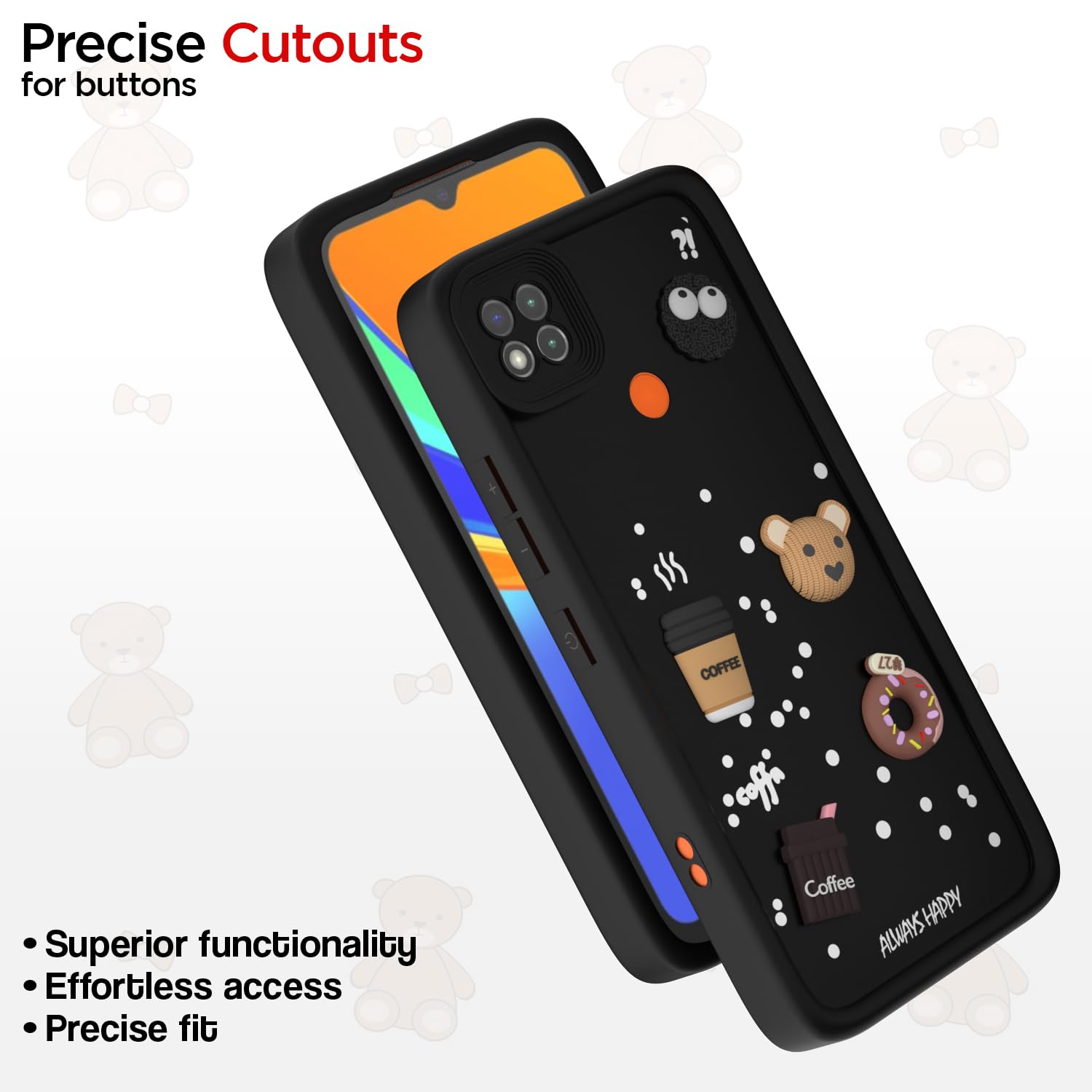 Pikkme Redmi 10A / 10A Sport/Redmi 9/9 Activ / 9C / Poco C31 Cute Fun Cartoon 3D Bear Coffee Back Cover (Black)