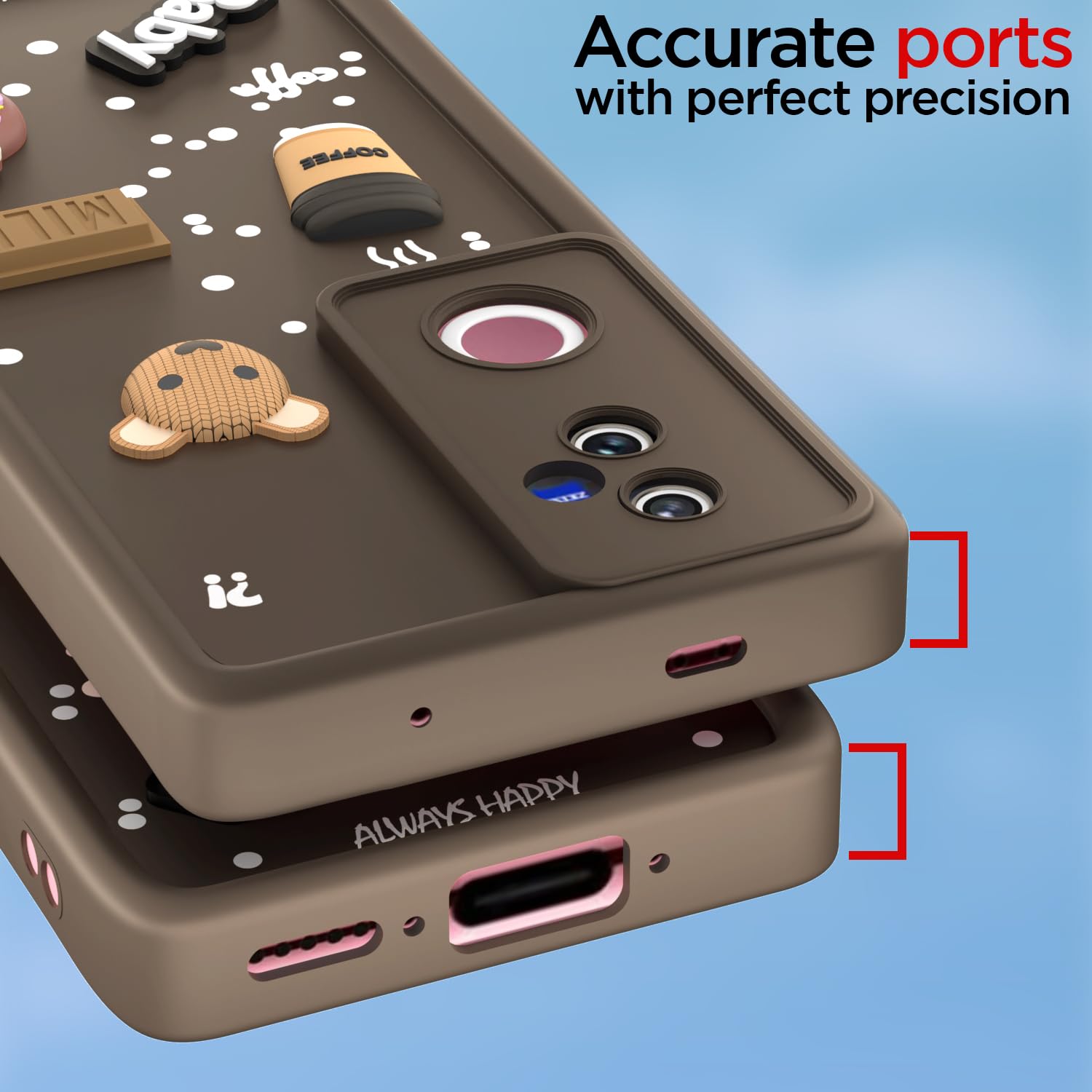 Pikkme Vivo V50 5G Cute Fun Cartoon 3D Bear Coffee Back Cover (brown)