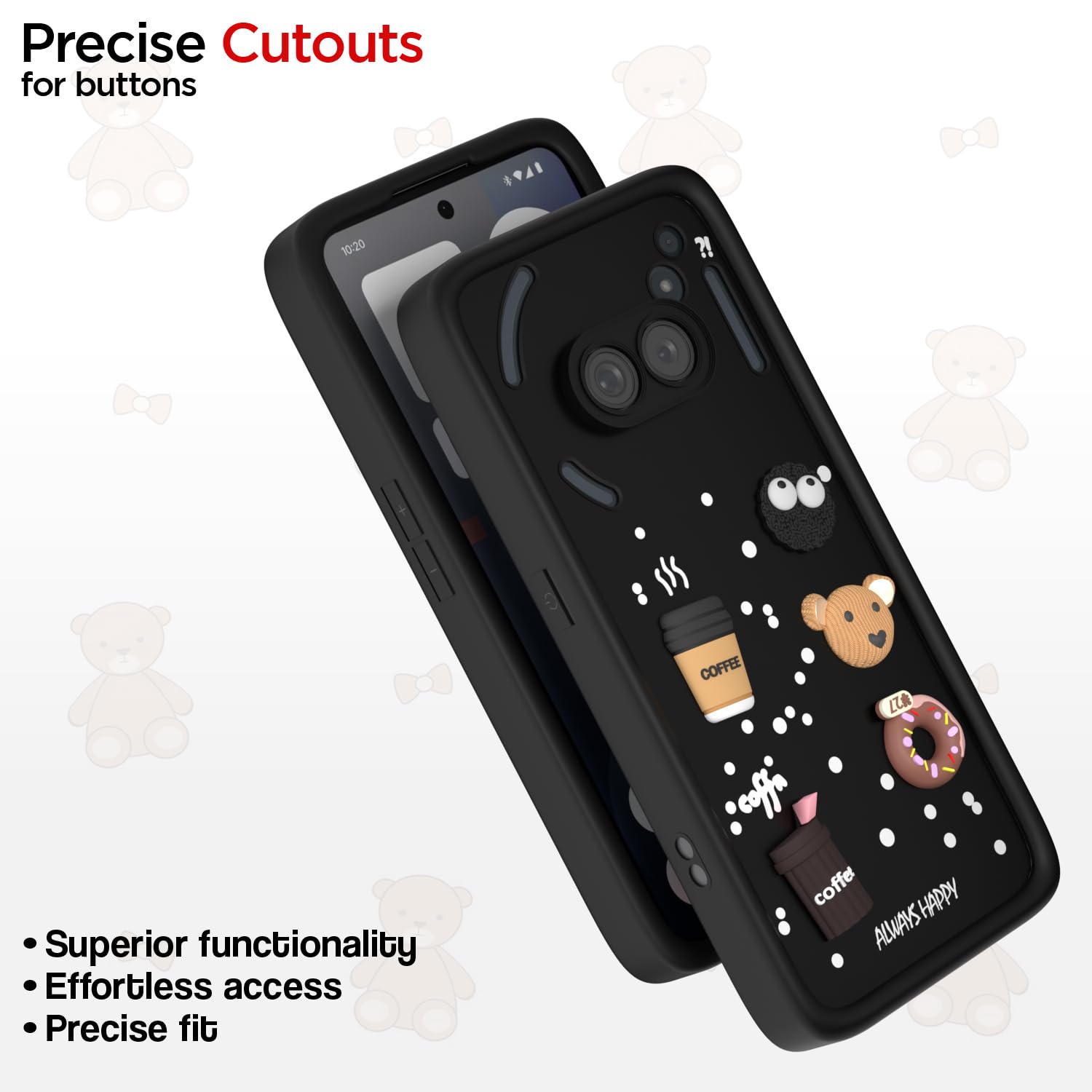 Pikkme Nothing Phone 2A / Nothing Phone 2A Plus Cute Fun Cartoon 3D Bear Coffee Back Cover (Black)