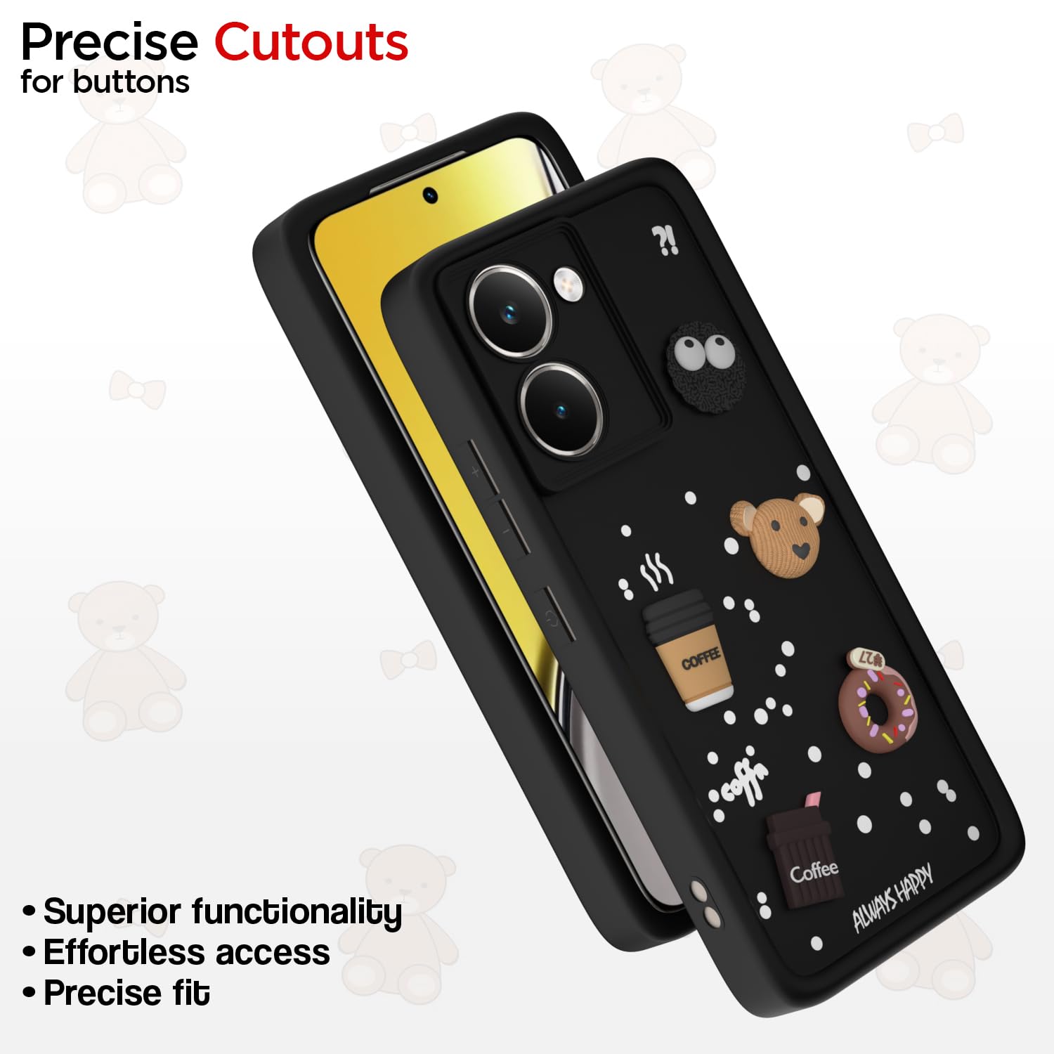 Pikkme Realme P3 Ultra 5G Cute Fun Cartoon 3D Bear Coffee Back Cover (Black)