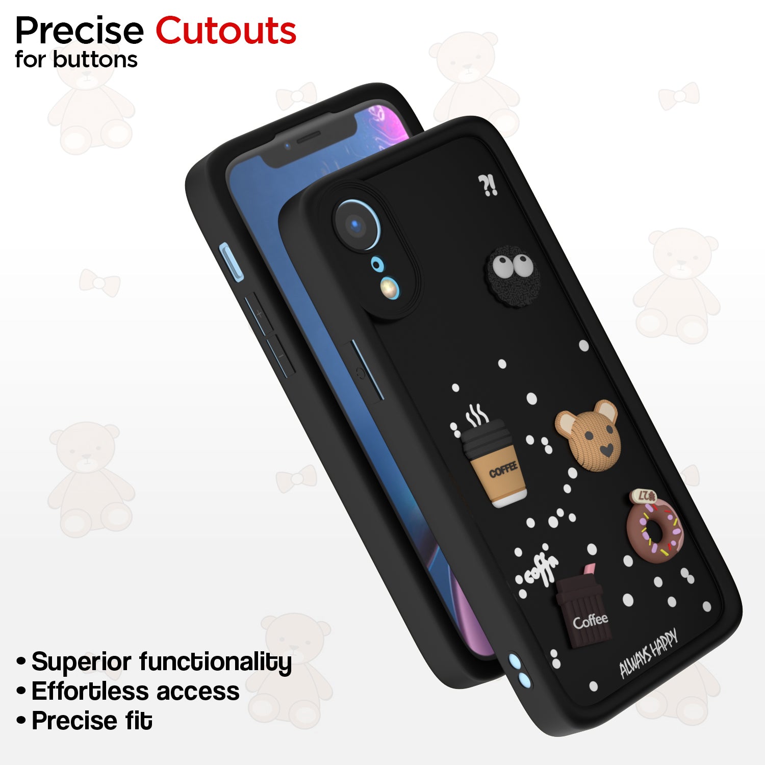 Pikkme iPhone XR Cute Fun Cartoon 3D Bear Coffee Back Cover (Black)