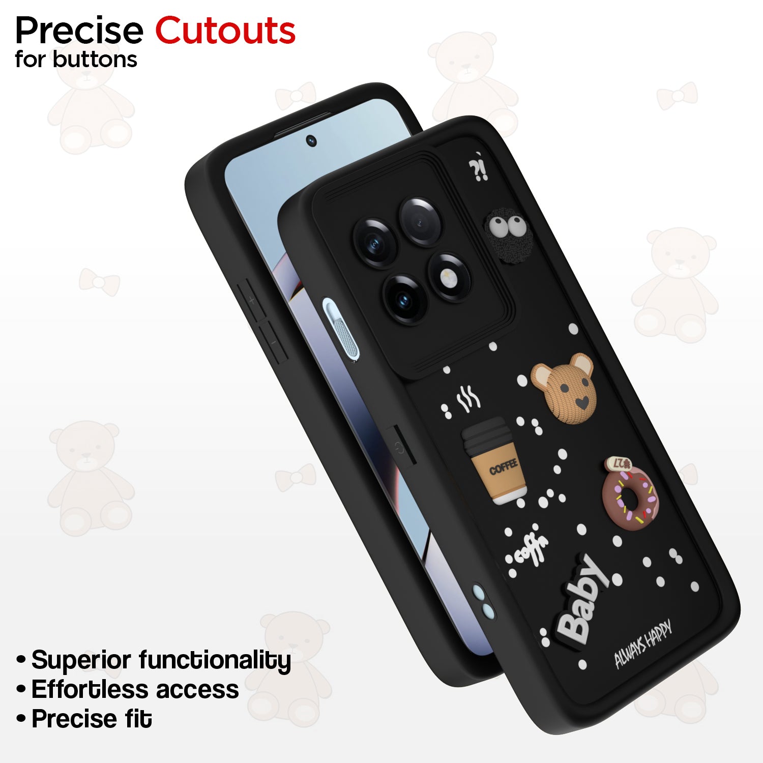 Pikkme One PLus 11 R 5G Cute Fun Cartoon 3D Bear Coffee Back Cover (Black)